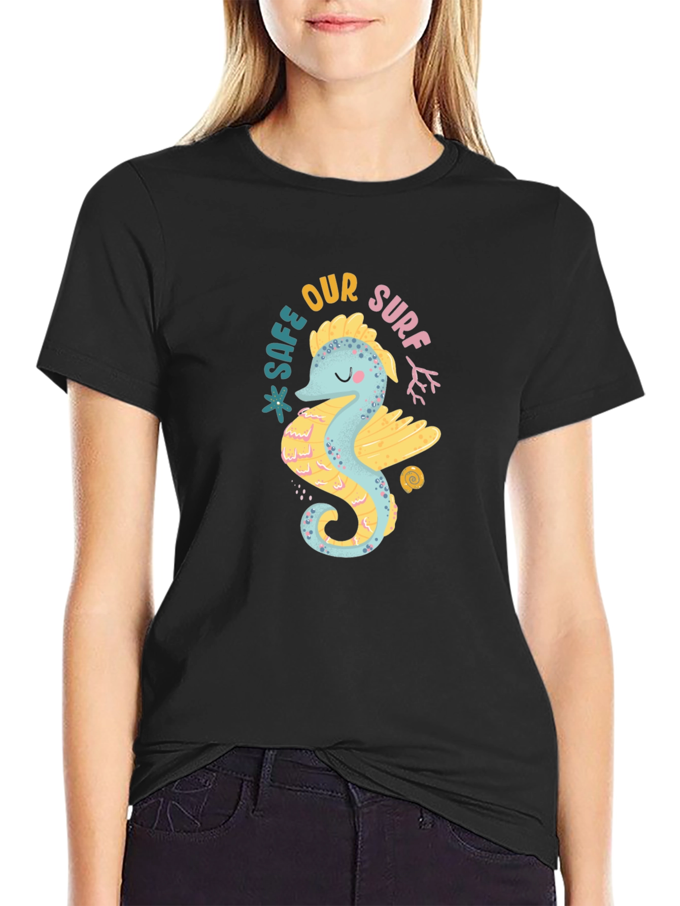 Safe Our Surf Seahorse Graphic Black Tee