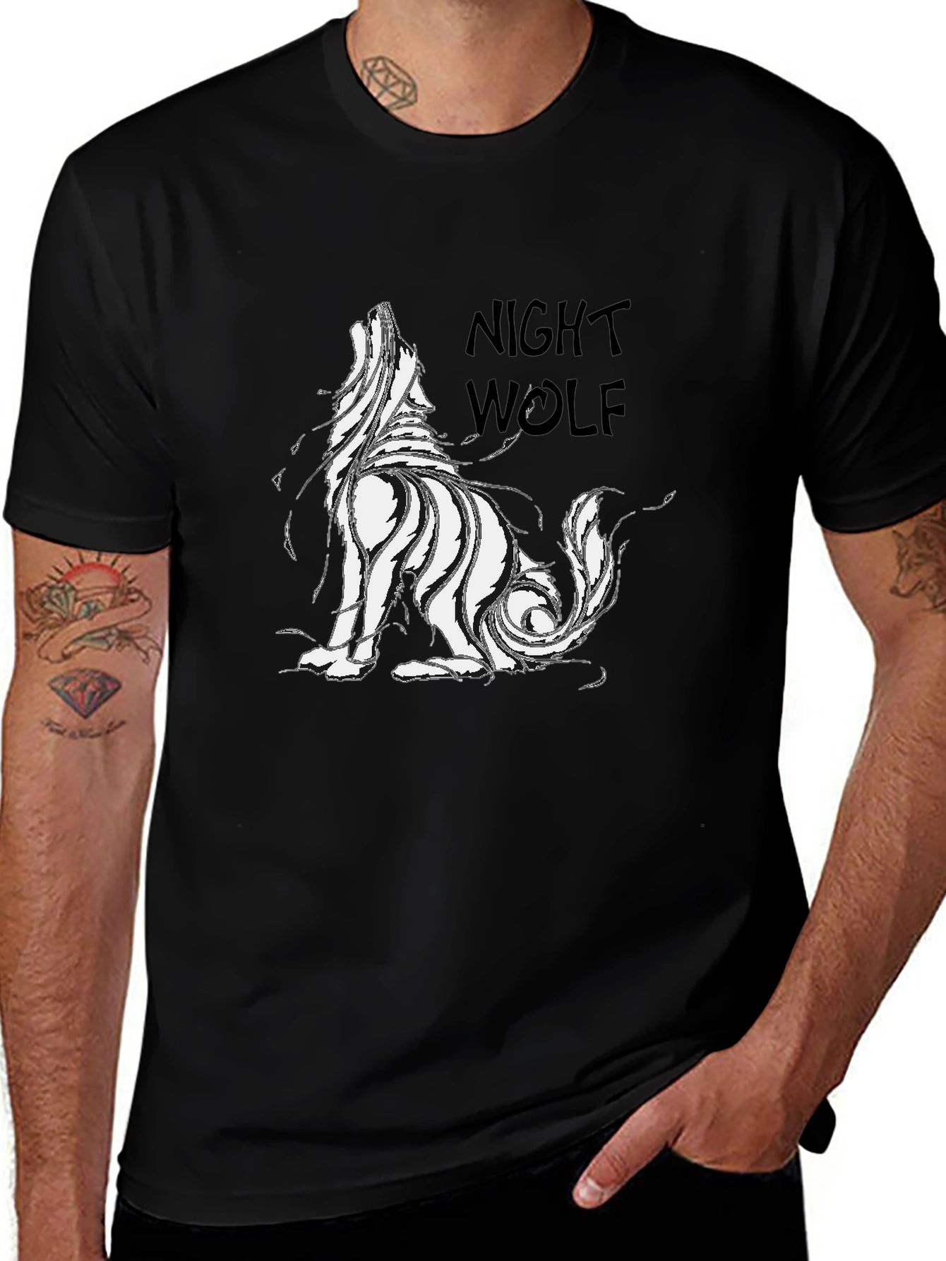 Night Wolf Graphic Print Black T-Shirt