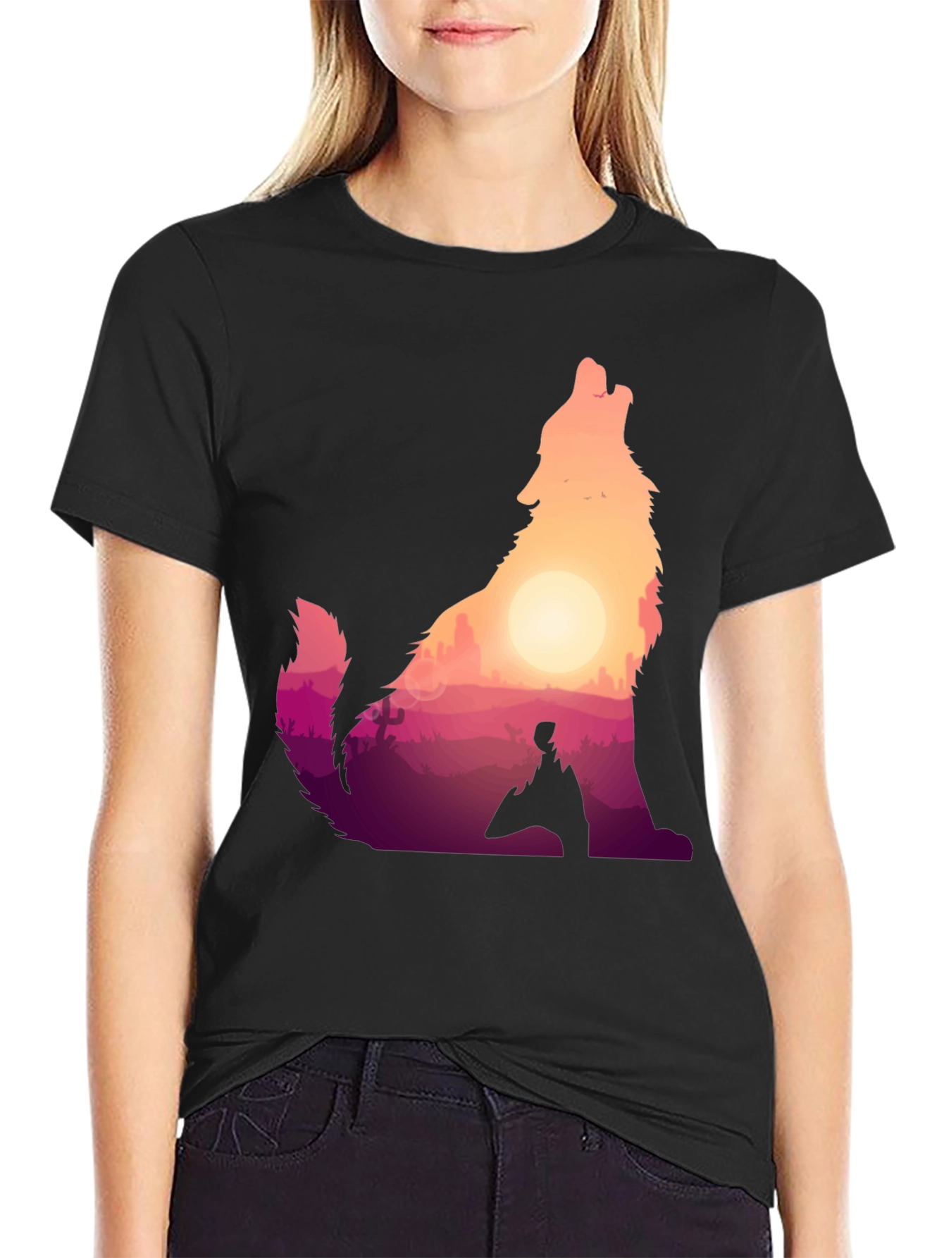 Wolf Desert Sunset Graphic Tee - Black