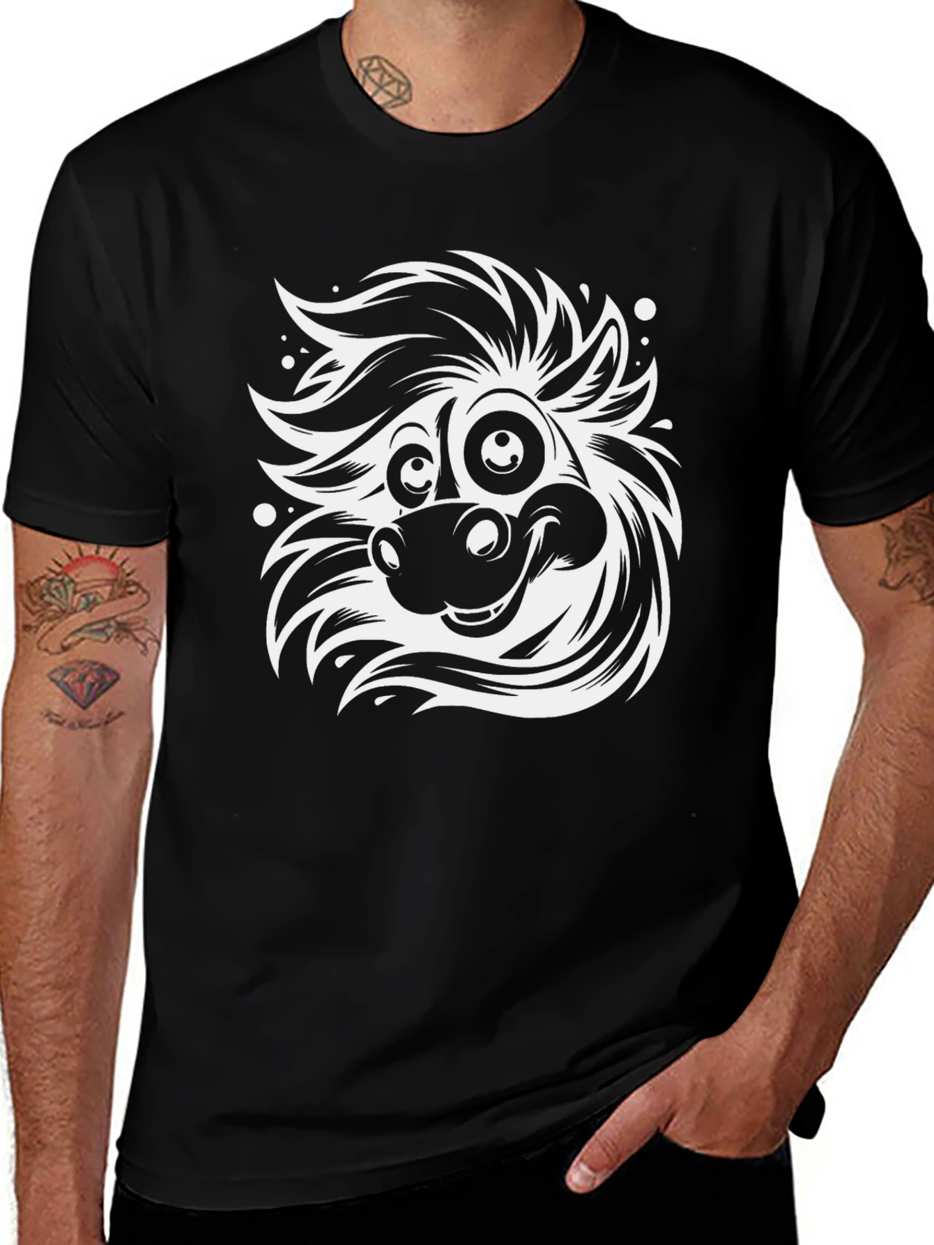 Cartoon Horse Graphic Tee - Black Cotton Blend