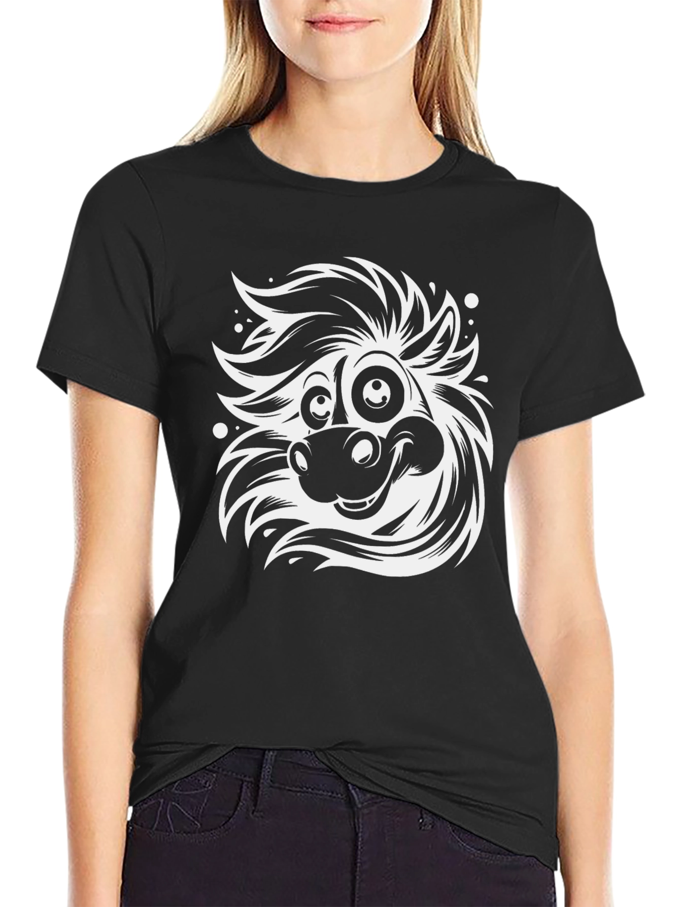 Cartoon Horse Graphic Tee - Black Cotton Blend