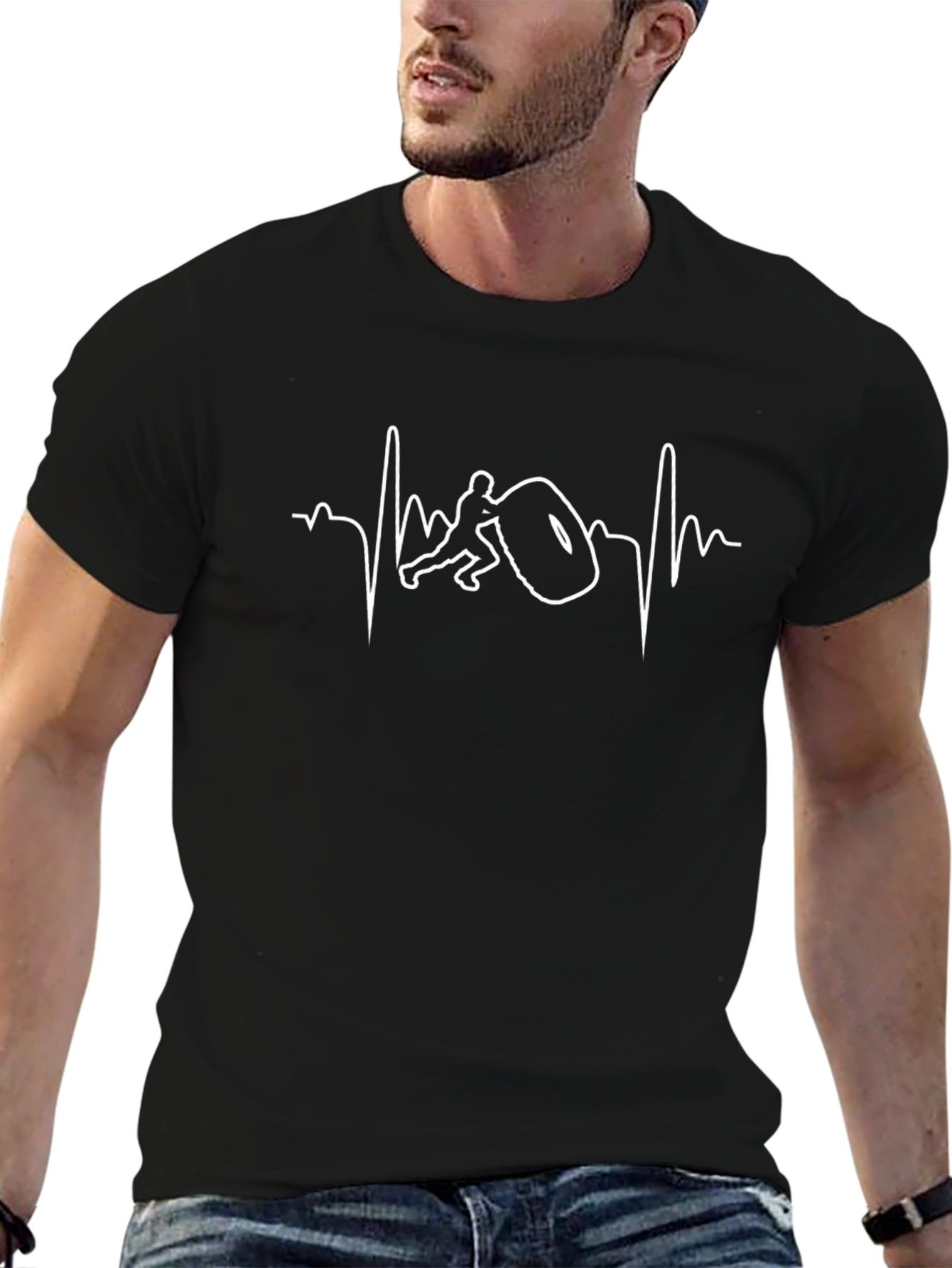 Weightlifting Heartbeat Graphic T-Shirt - Black