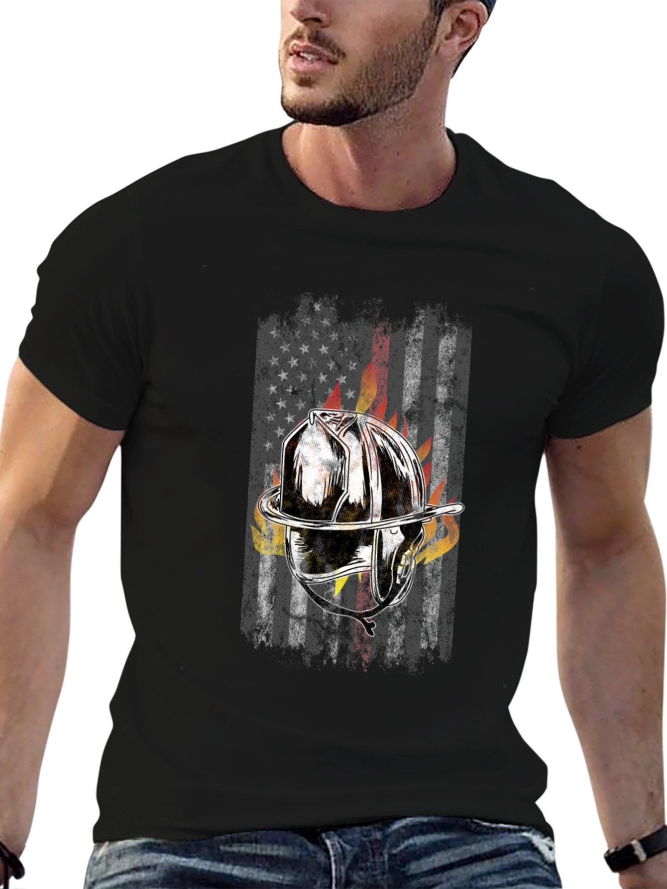 Firefighter Helmet Flag Graphic T-Shirt