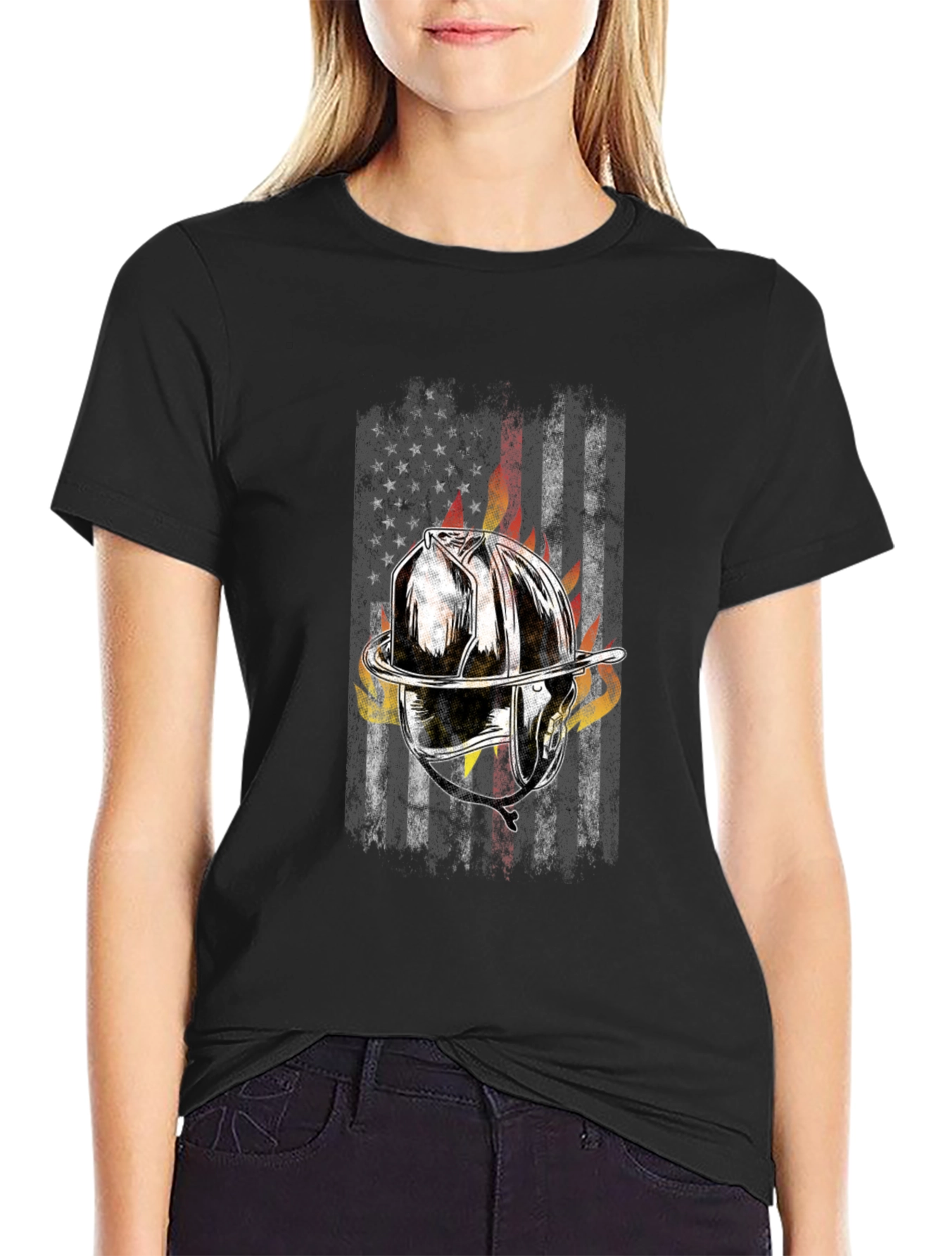 Firefighter Helmet Flag Graphic T-Shirt