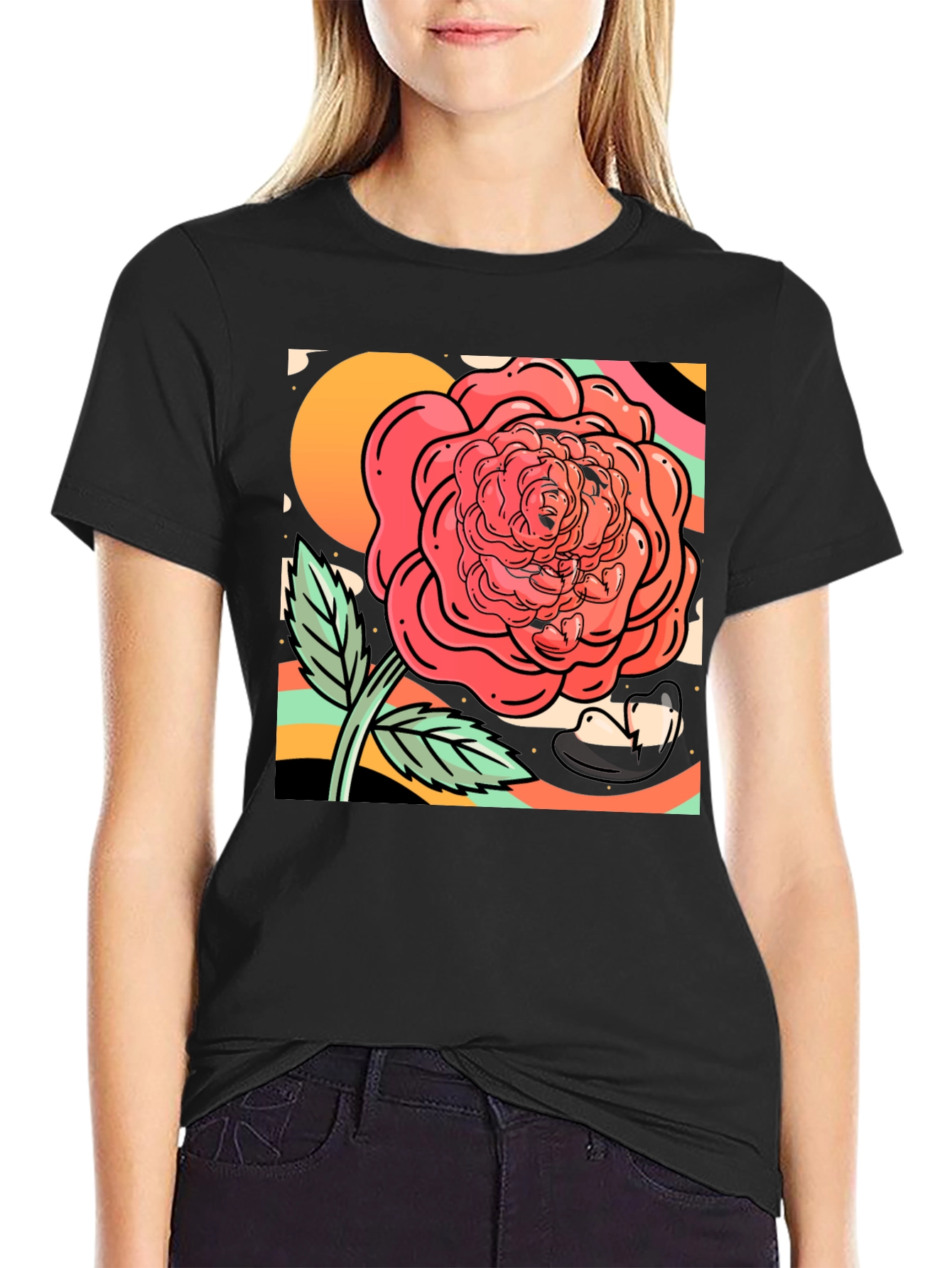 Rose Graphic Tee - Black Cotton Blend