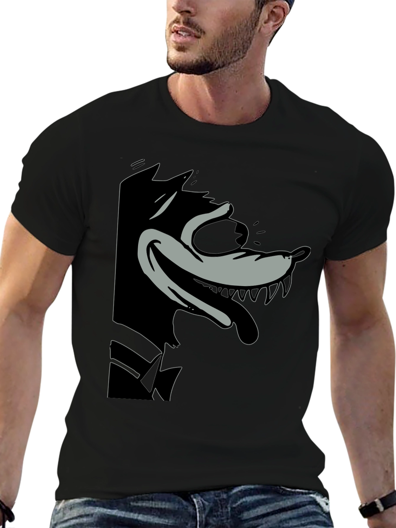 Cartoon Wolf Graphic Tee - Classic Black