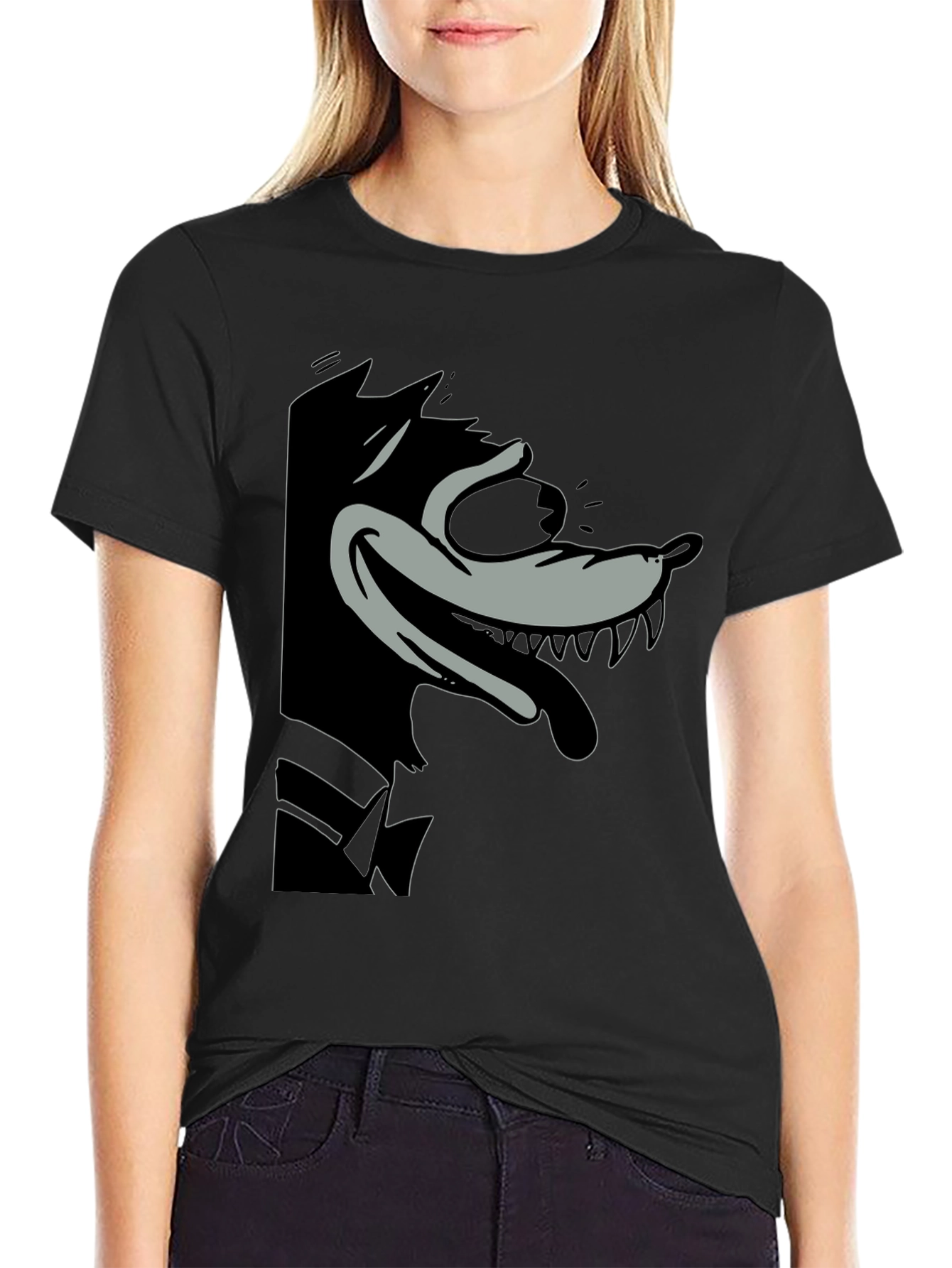 Cartoon Wolf Graphic Tee - Classic Black