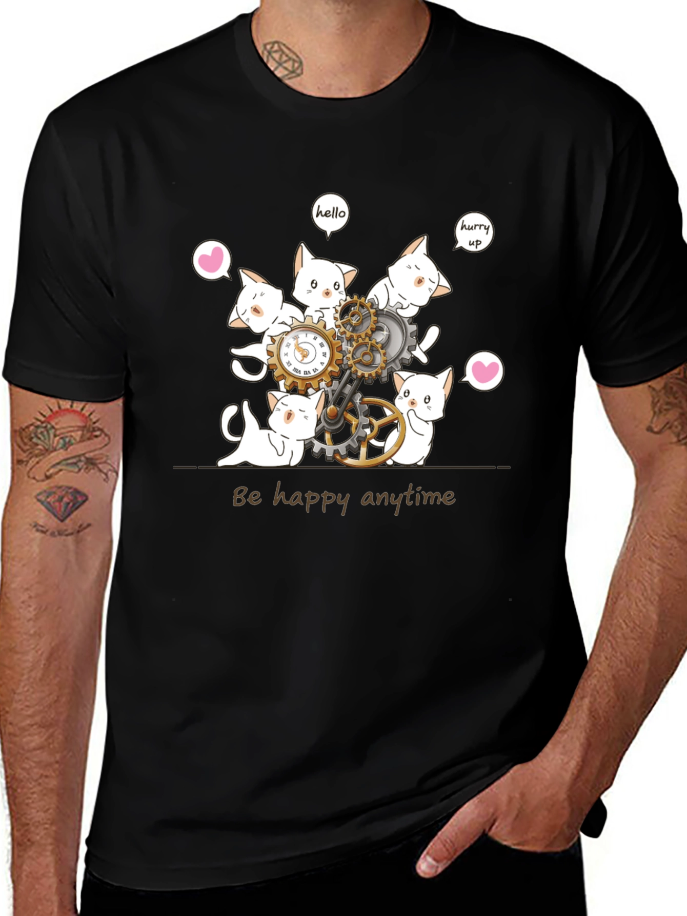 Cat Clockwork Graphic T-Shirt - Be Happy Anytime
