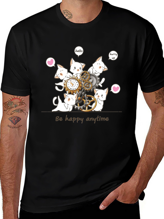 Cat Clockwork Graphic T-Shirt - Be Happy Anytime
