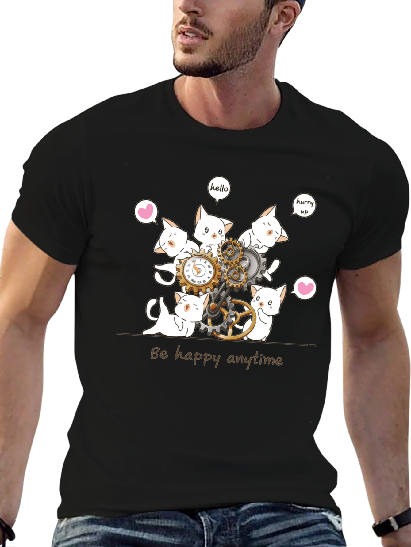 Cat Clockwork Graphic T-Shirt - Be Happy Anytime