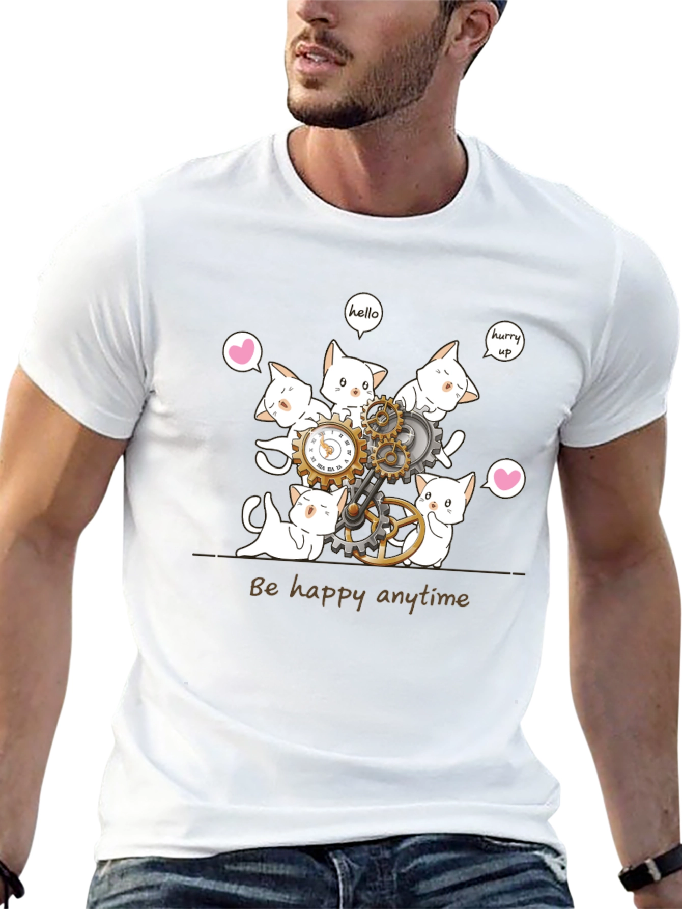 Cat Clockwork Graphic T-Shirt - Be Happy Anytime