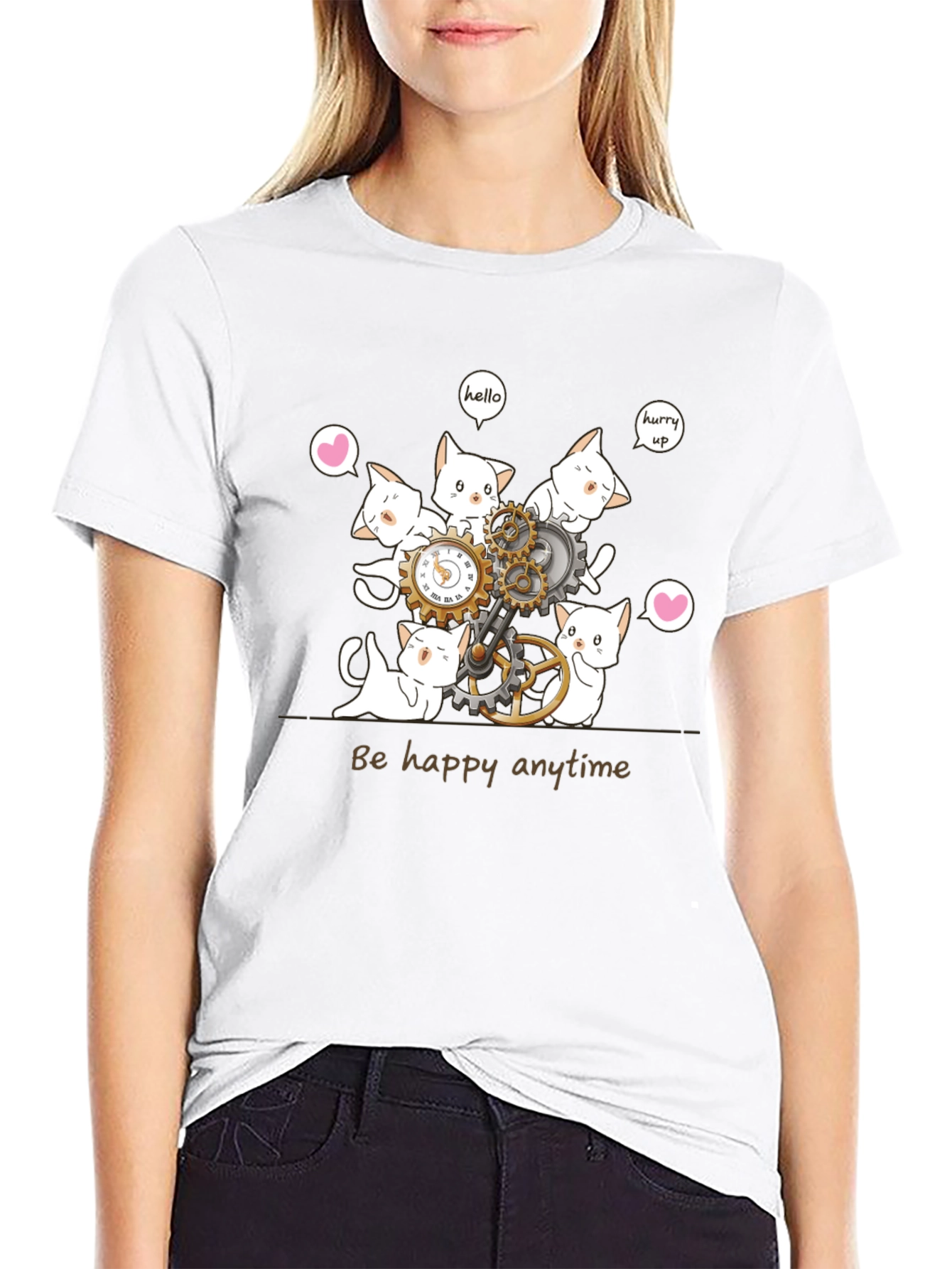 Cat Clockwork Graphic T-Shirt - Be Happy Anytime