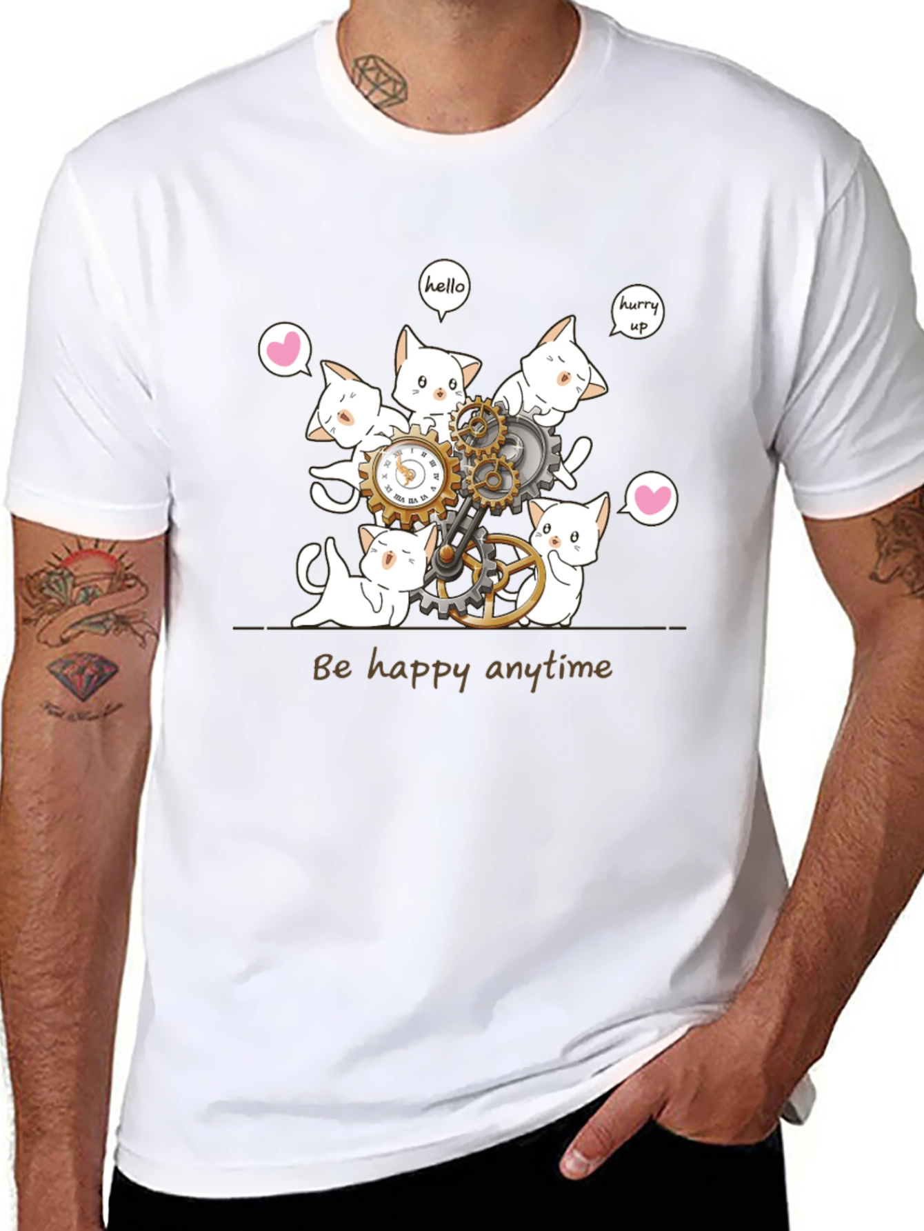 Cat Clockwork Graphic T-Shirt - Be Happy Anytime