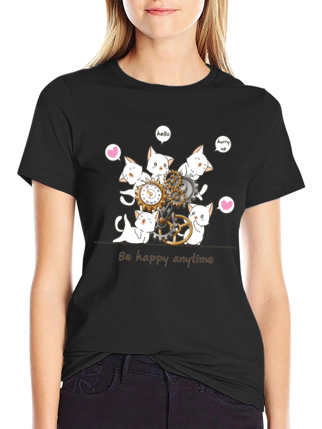 Cat Clockwork Graphic T-Shirt - Be Happy Anytime