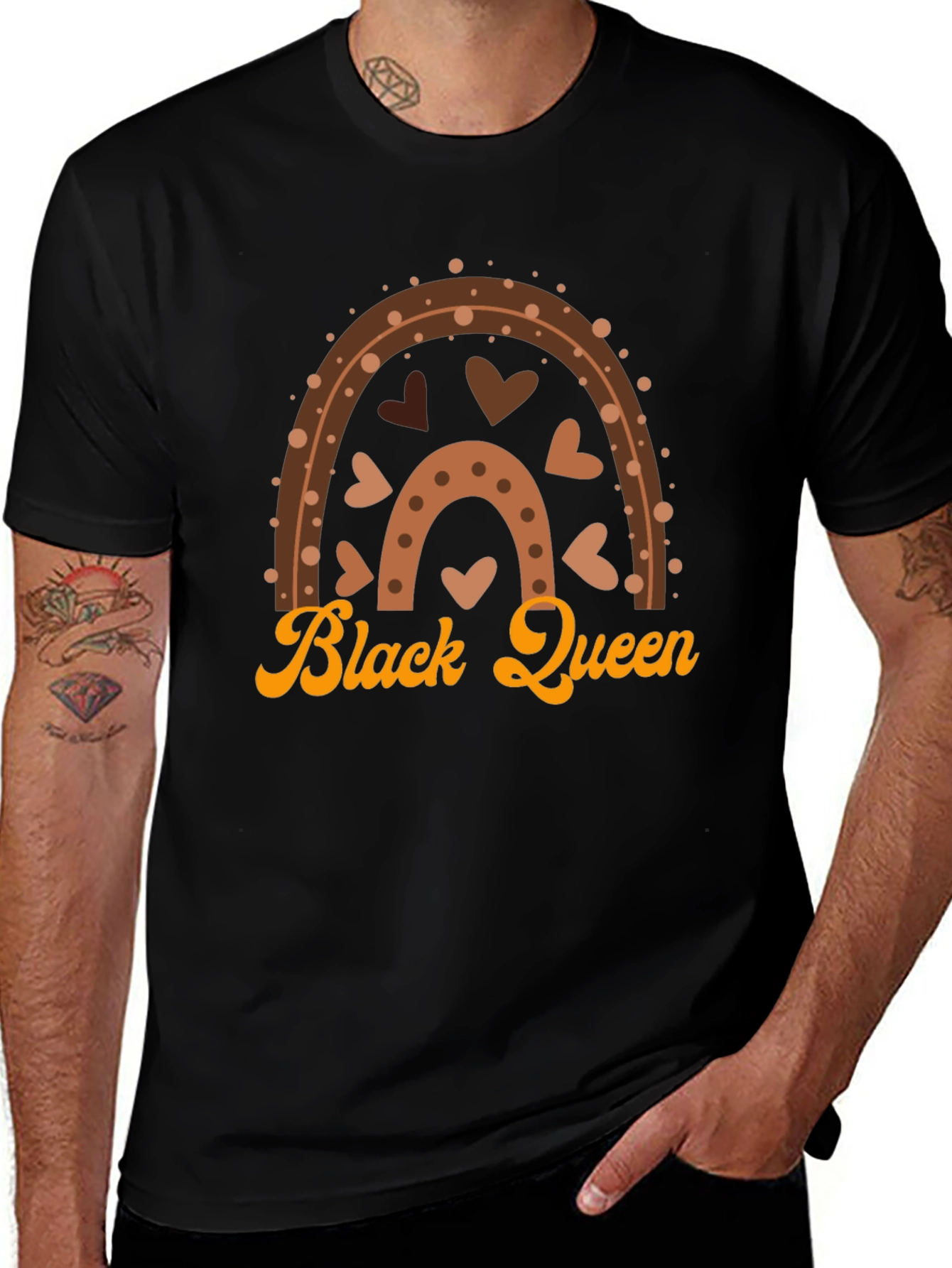 Black Queen Graphic Tee - Brown Rainbow Heart Design