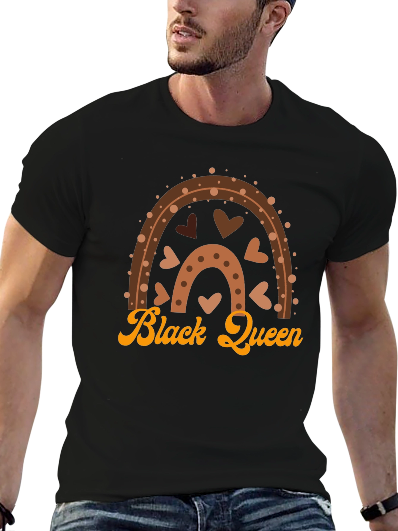 Black Queen Graphic Tee - Brown Rainbow Heart Design