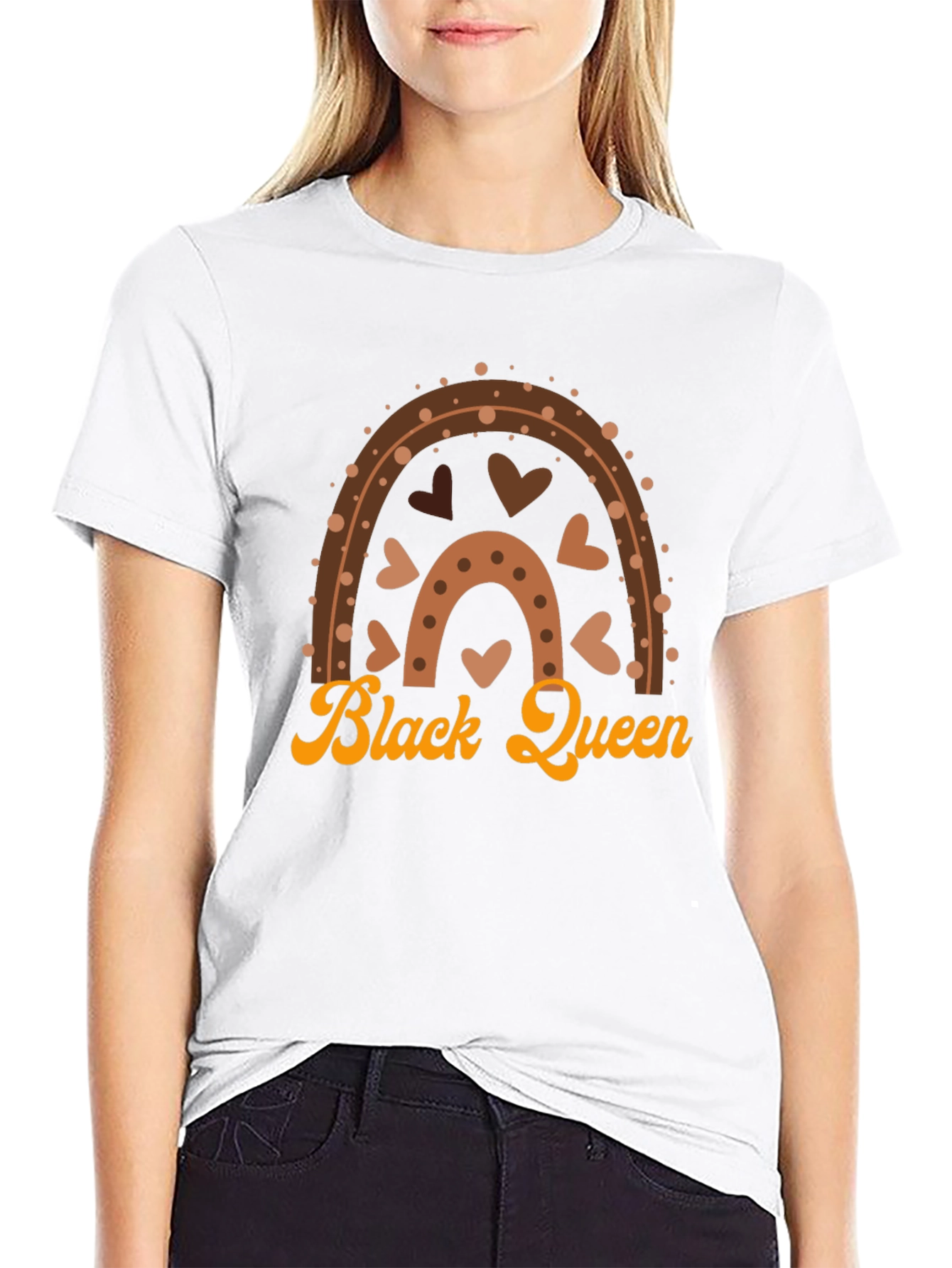 Black Queen Graphic Tee - Brown Rainbow Heart Design