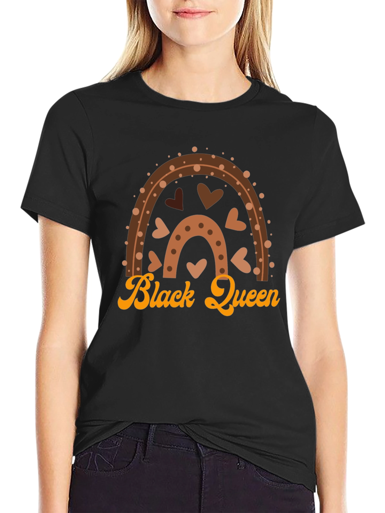 Black Queen Graphic Tee - Brown Rainbow Heart Design