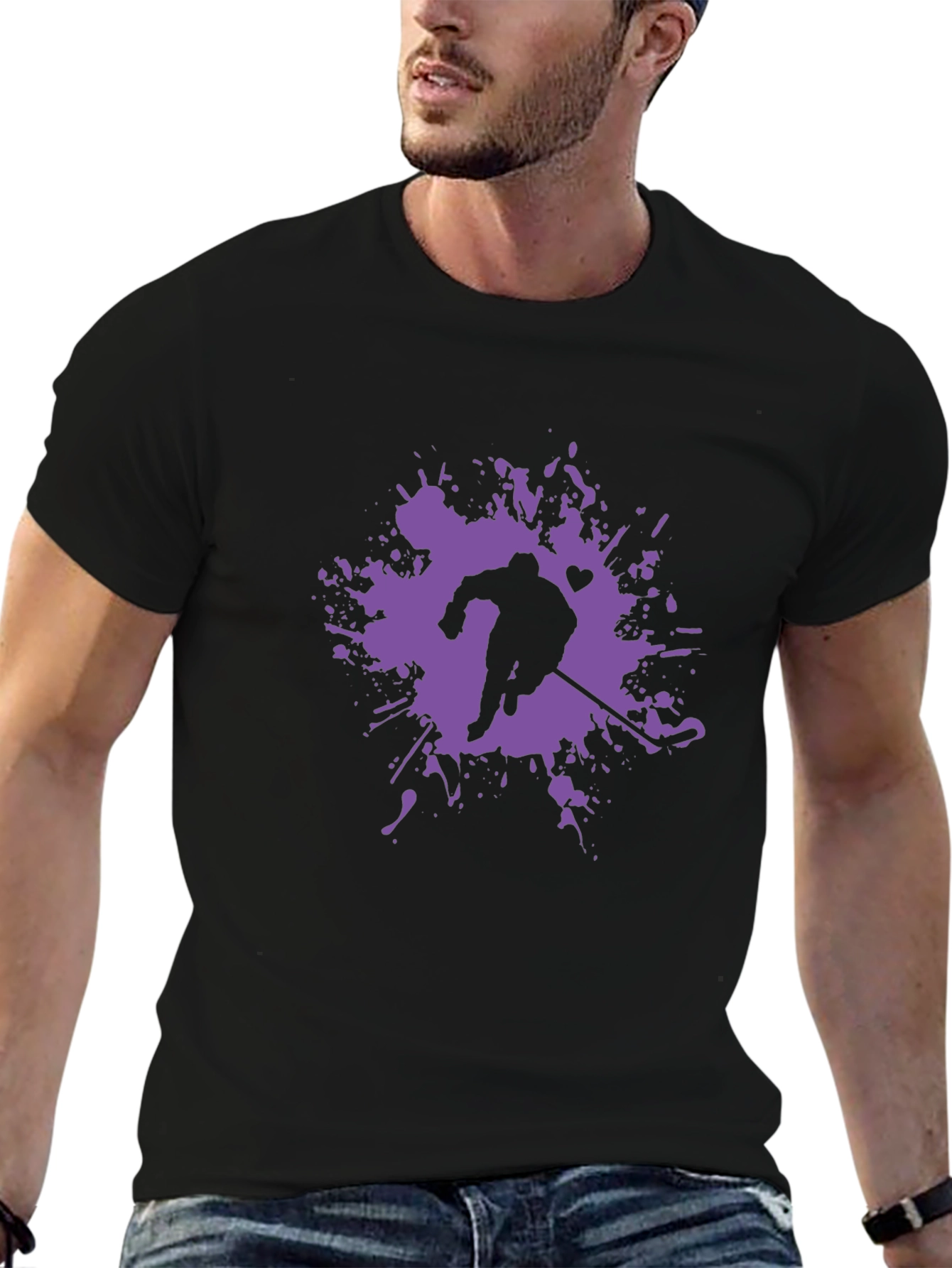Hockey Player Splatter Graphic Tee - Black