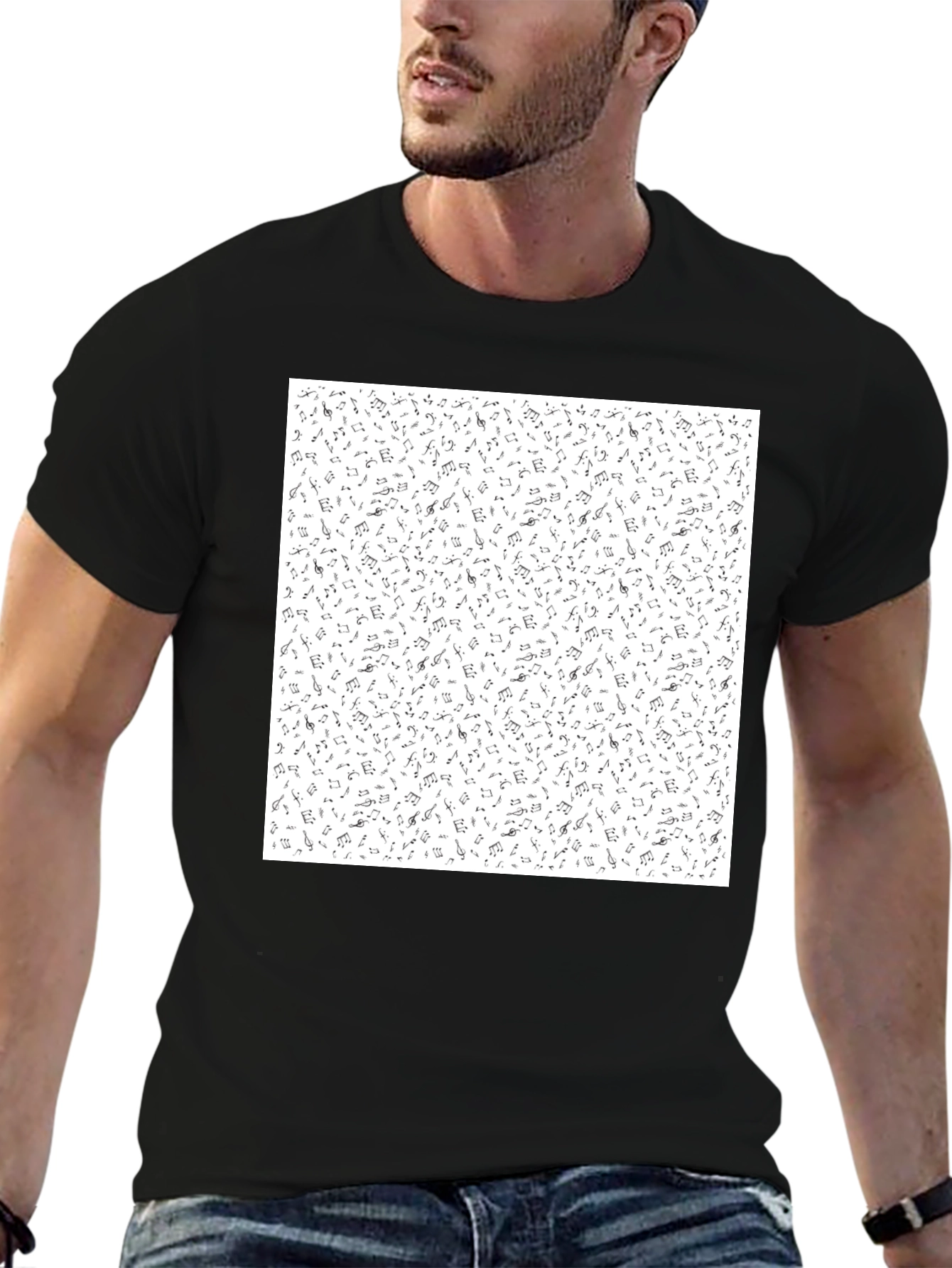 Musical Notes Pattern Black T-Shirt