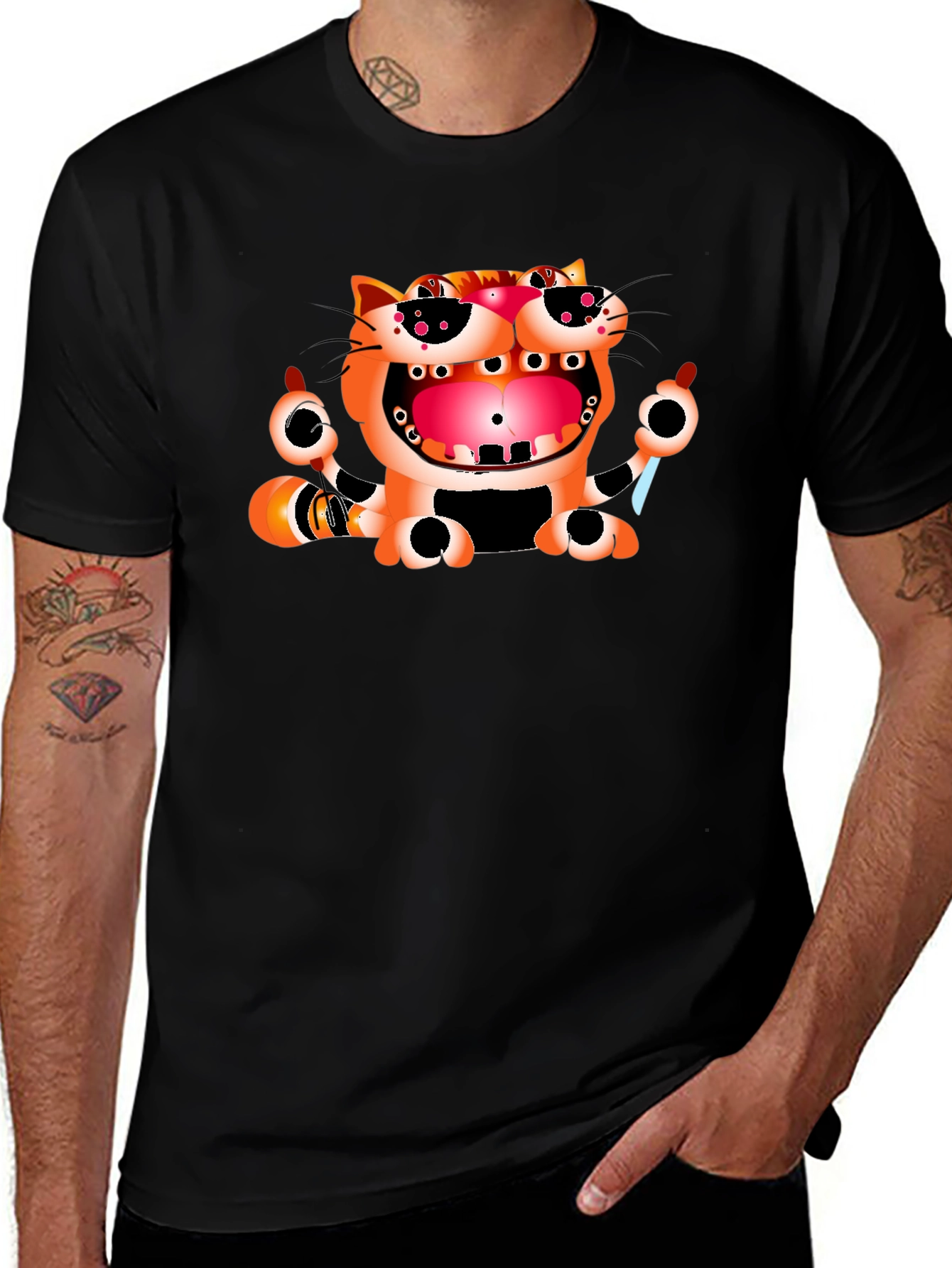 Funny Cat Graphic Print Black T-Shirt