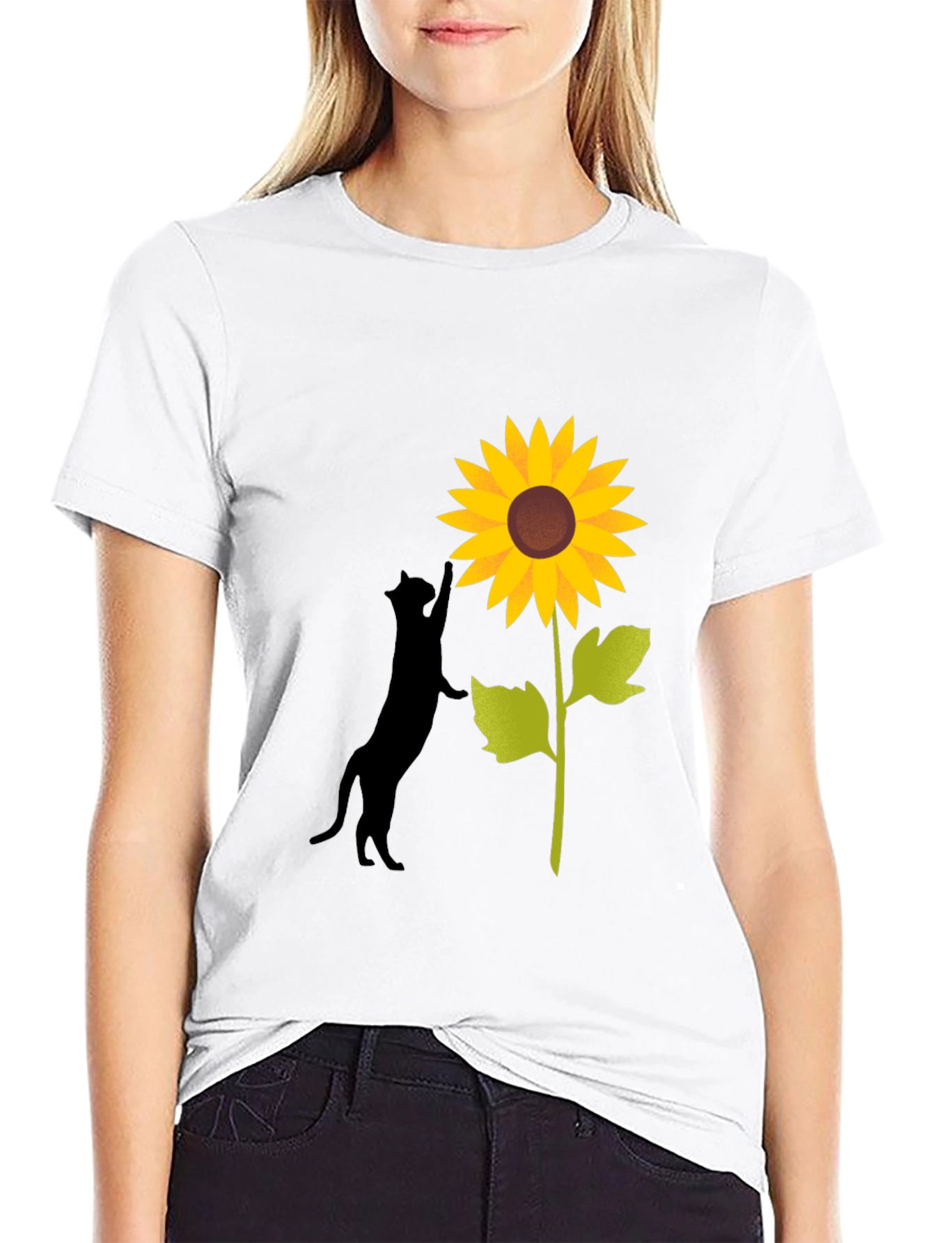 Cat and Sunflower Graphic Tee - Black Cotton Blend