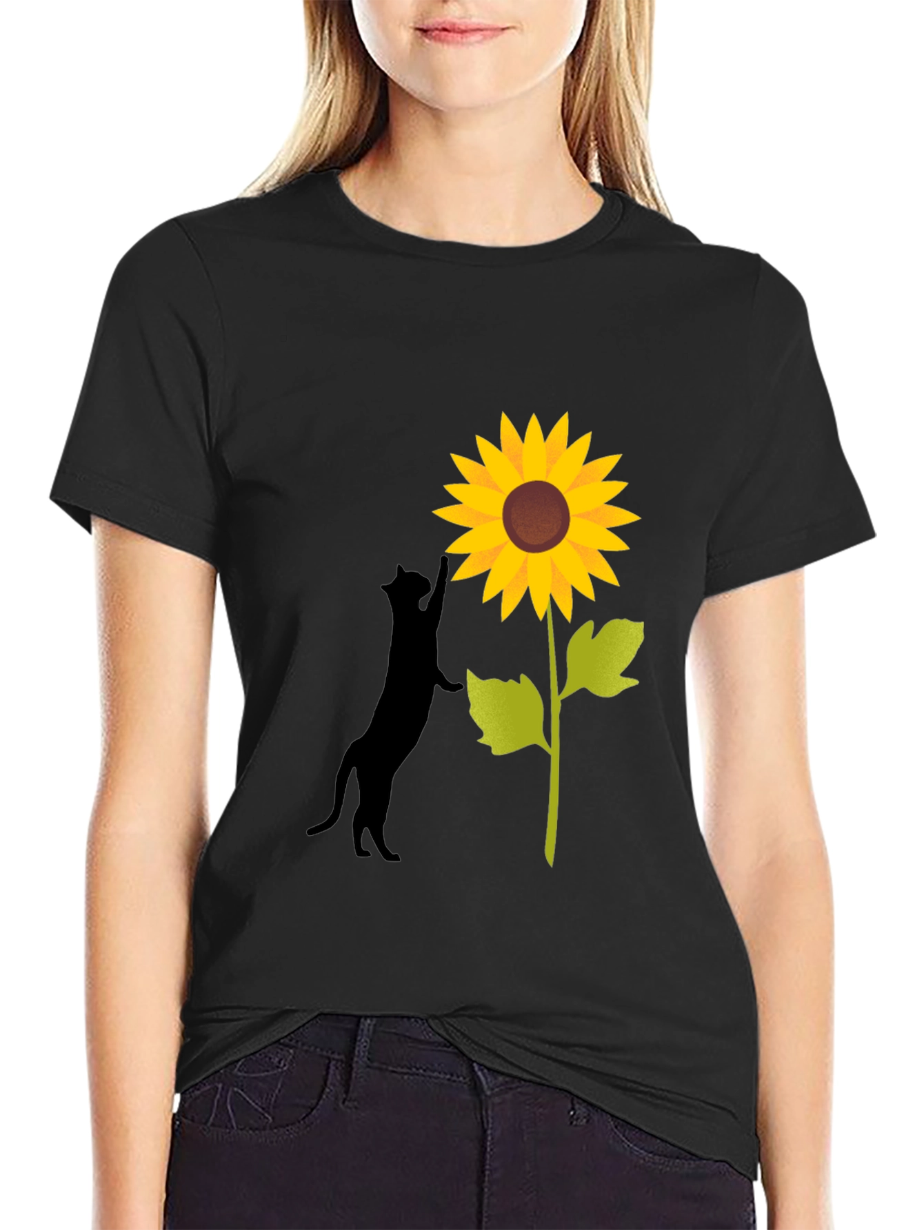 Cat and Sunflower Graphic Tee - Black Cotton Blend