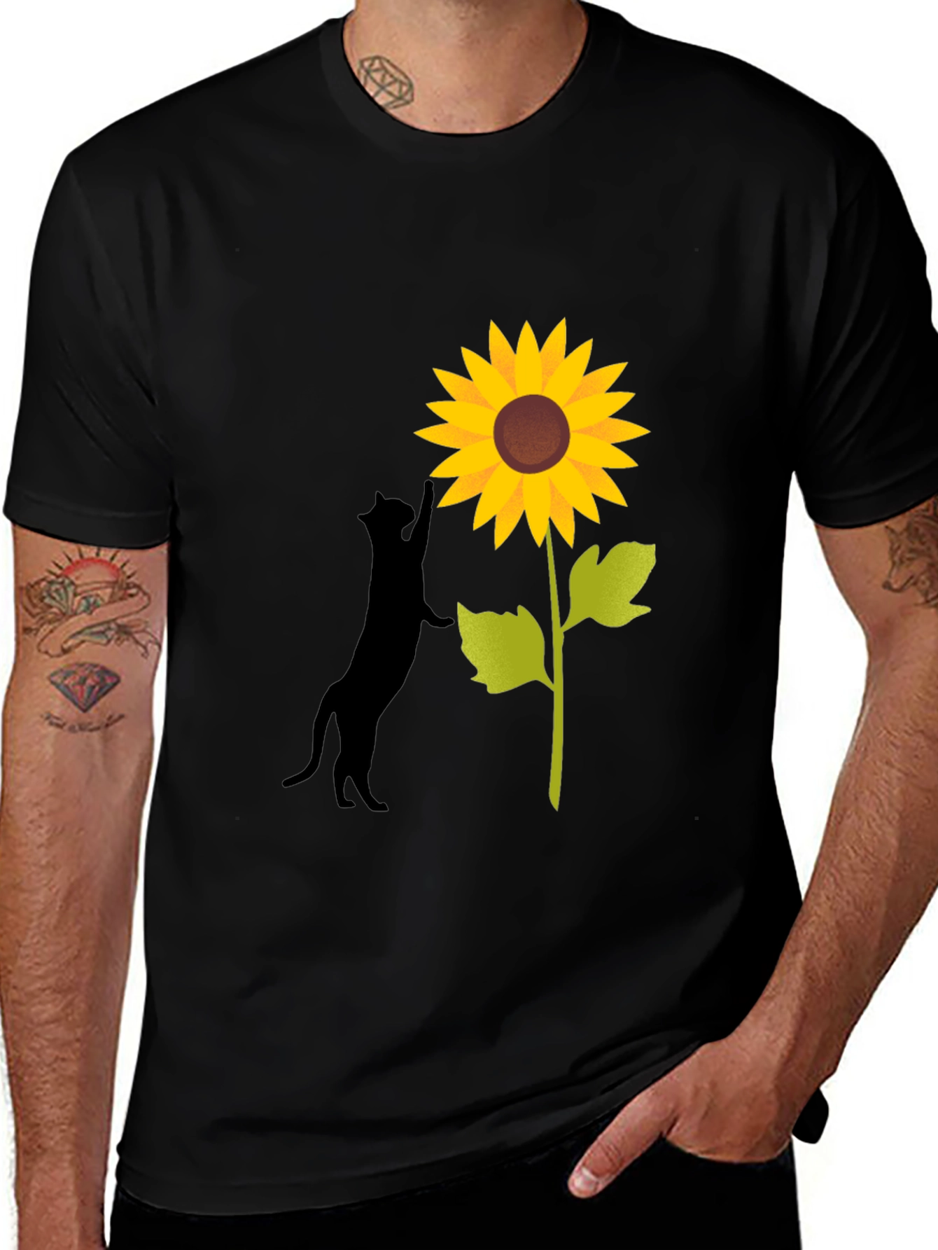 Cat and Sunflower Graphic Tee - Black Cotton Blend