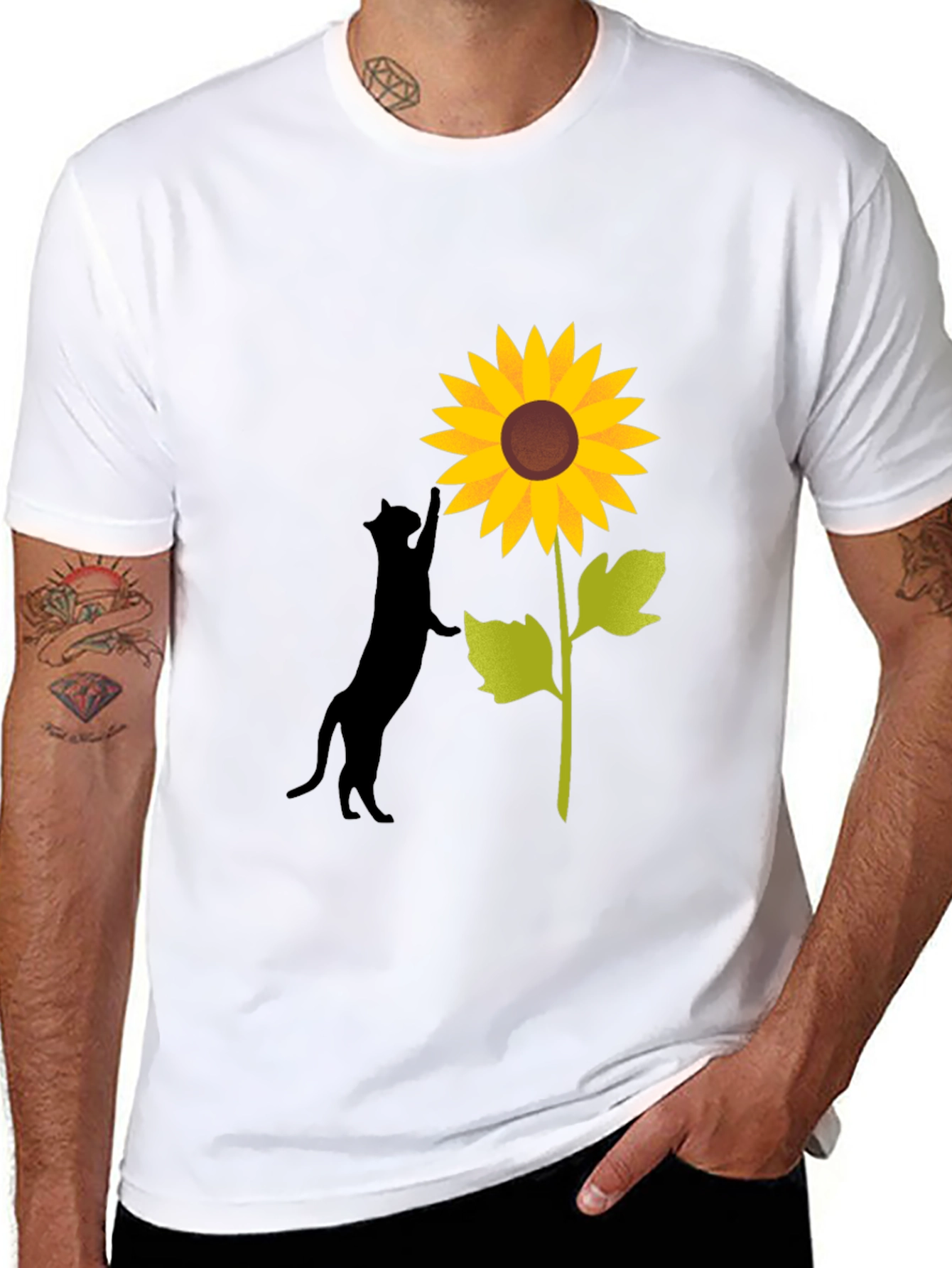 Cat and Sunflower Graphic Tee - Black Cotton Blend