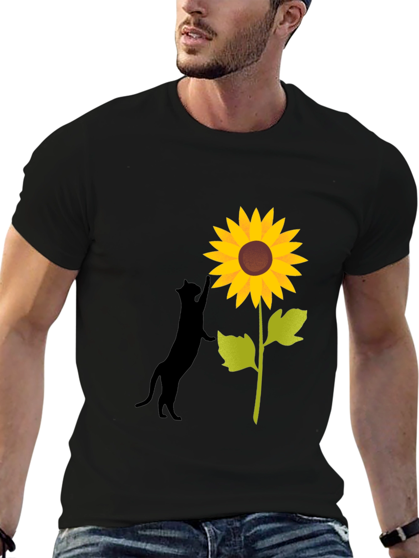 Cat and Sunflower Graphic Tee - Black Cotton Blend