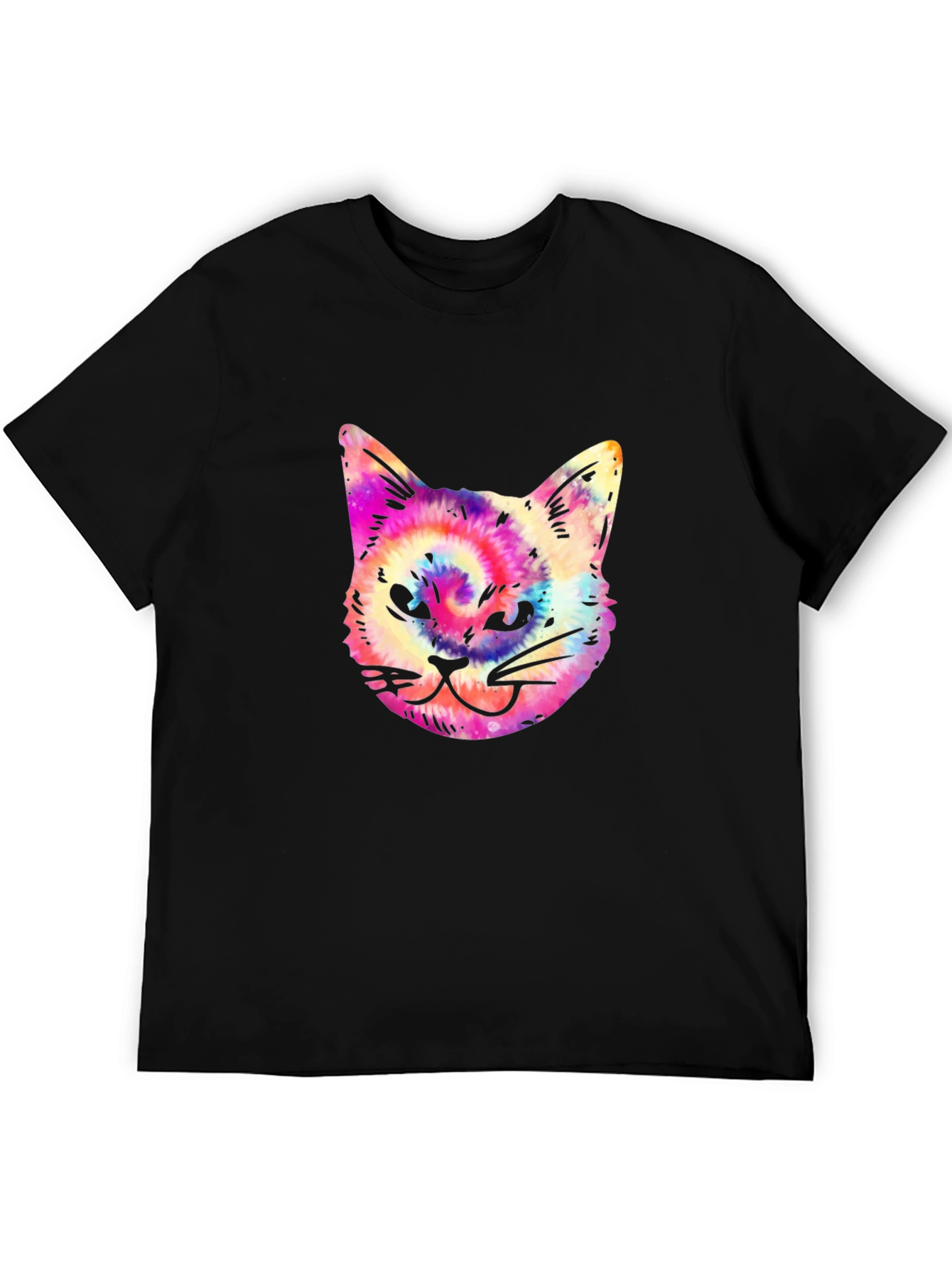 Tie Dye Cat Graphic Print Mens Black T-Shirt