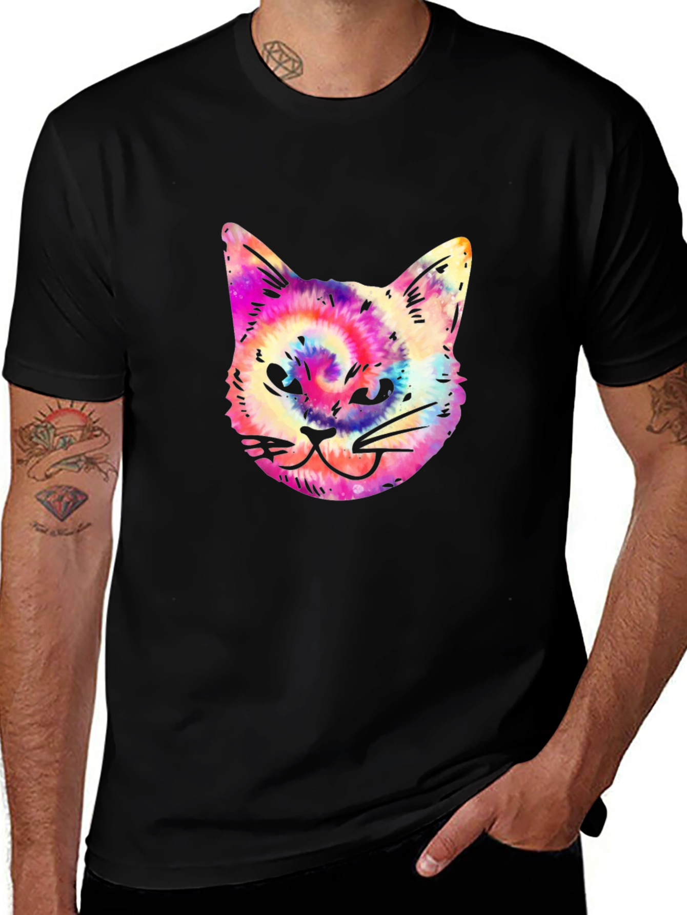 Tie Dye Cat Graphic Print Mens Black T-Shirt