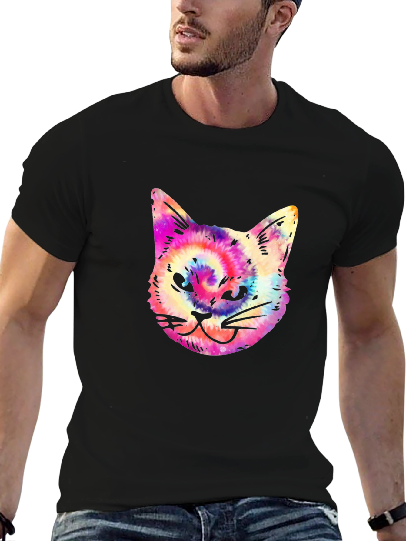 Tie Dye Cat Graphic Print Mens Black T-Shirt
