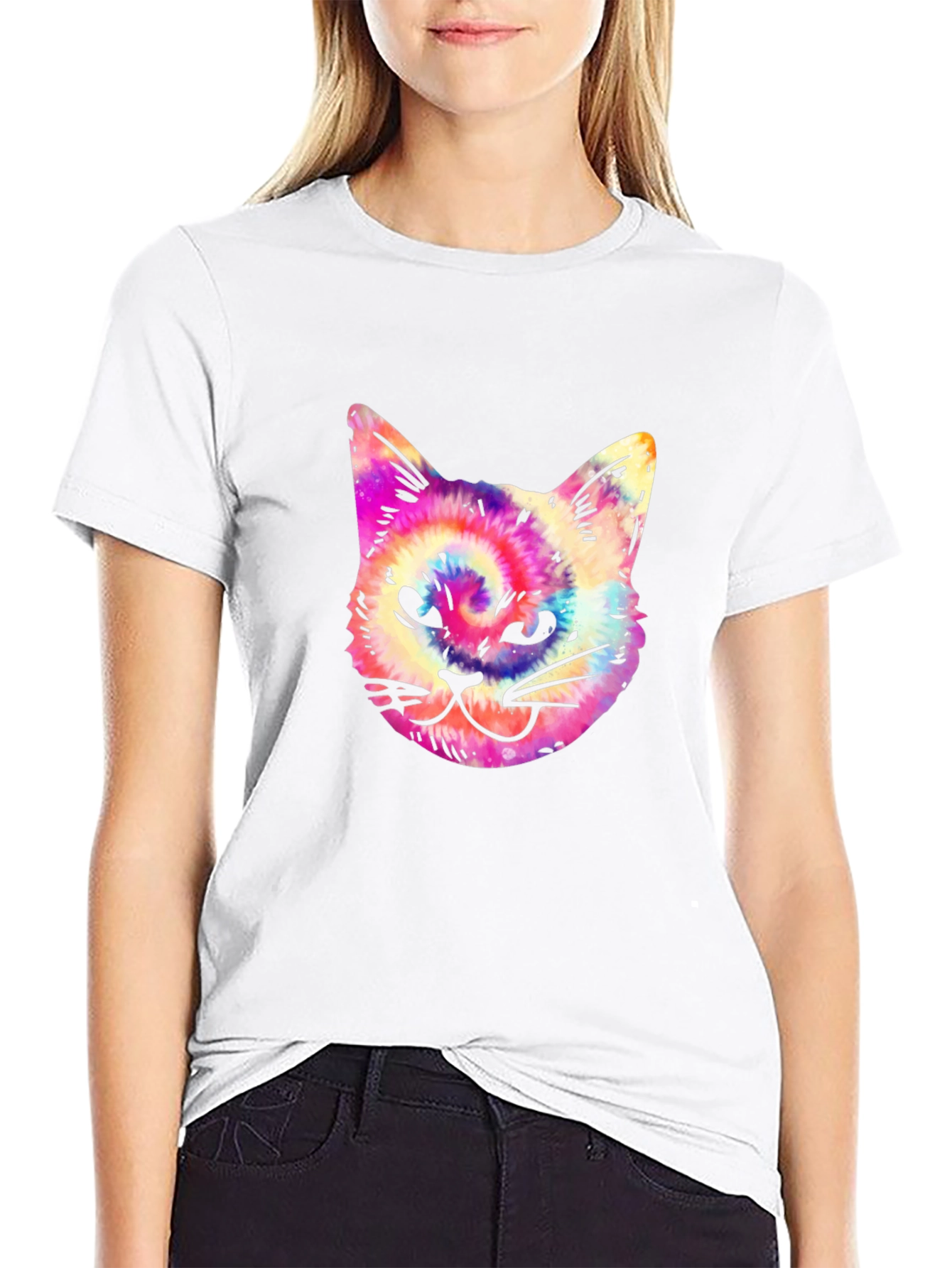 Tie Dye Cat Graphic Print Mens Black T-Shirt