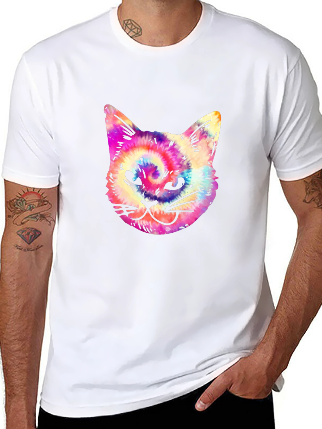Tie Dye Cat Graphic Print Mens Black T-Shirt