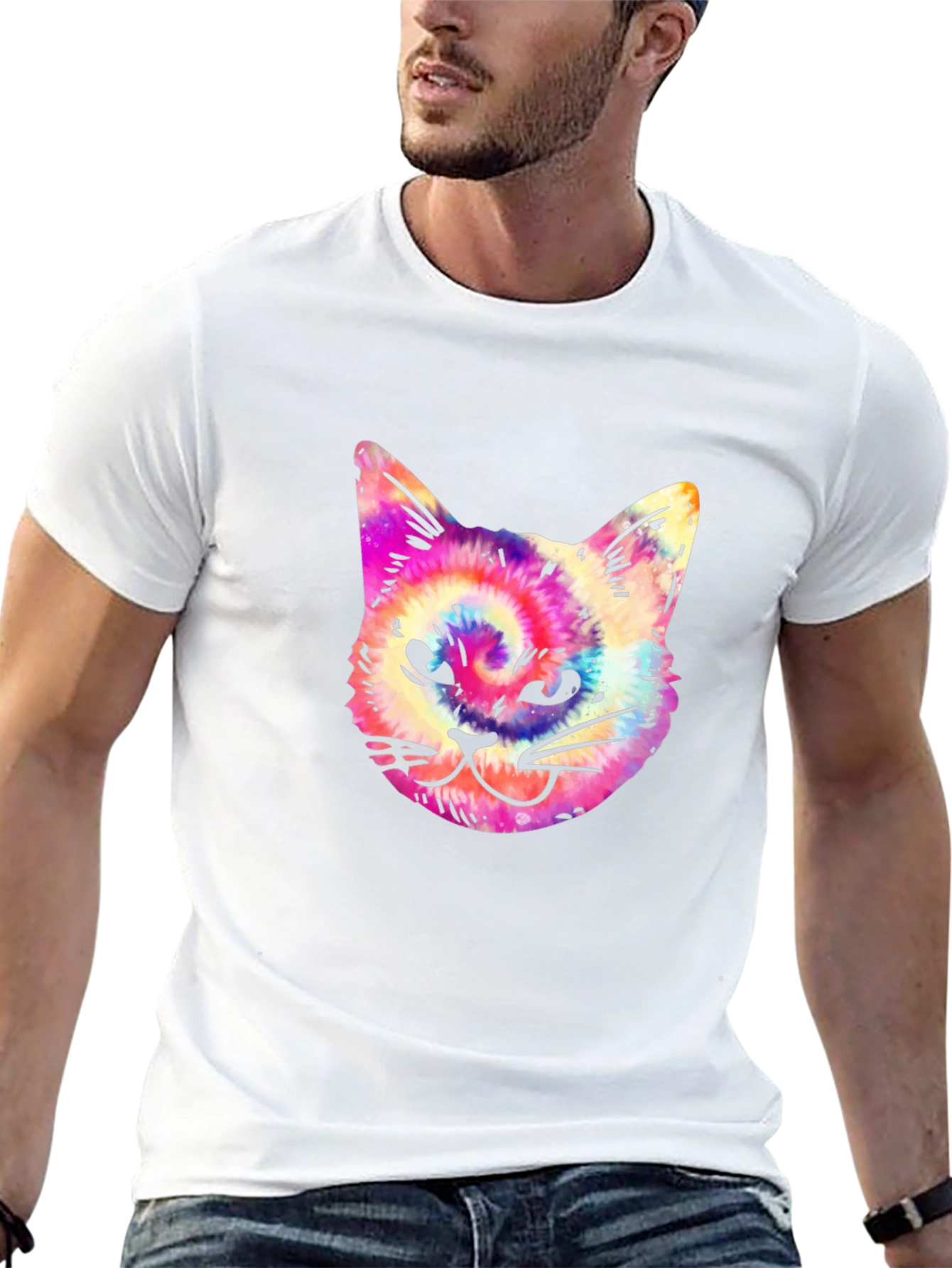 Tie Dye Cat Graphic Print Mens Black T-Shirt