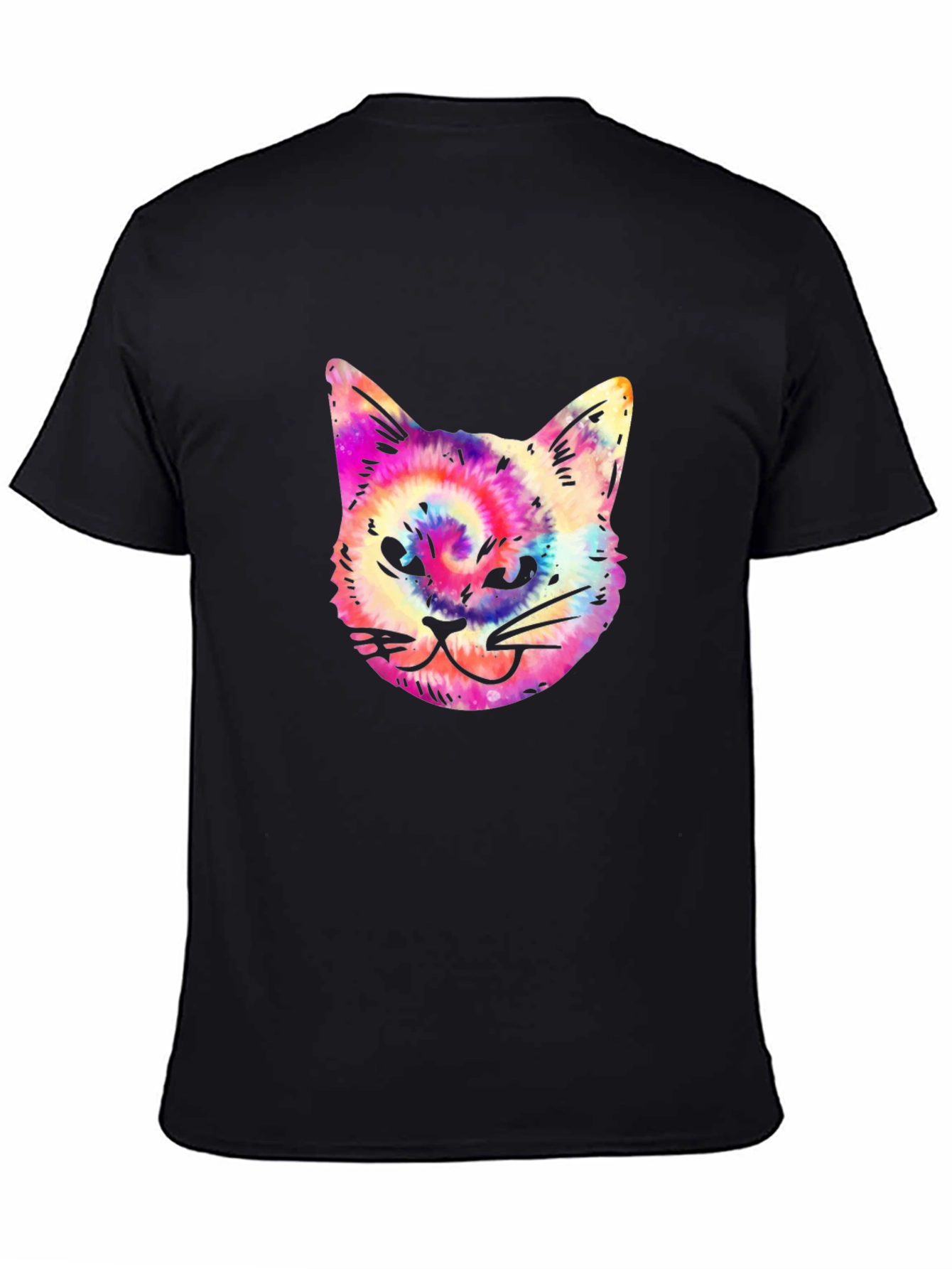 Tie Dye Cat Graphic Print Mens Black T-Shirt