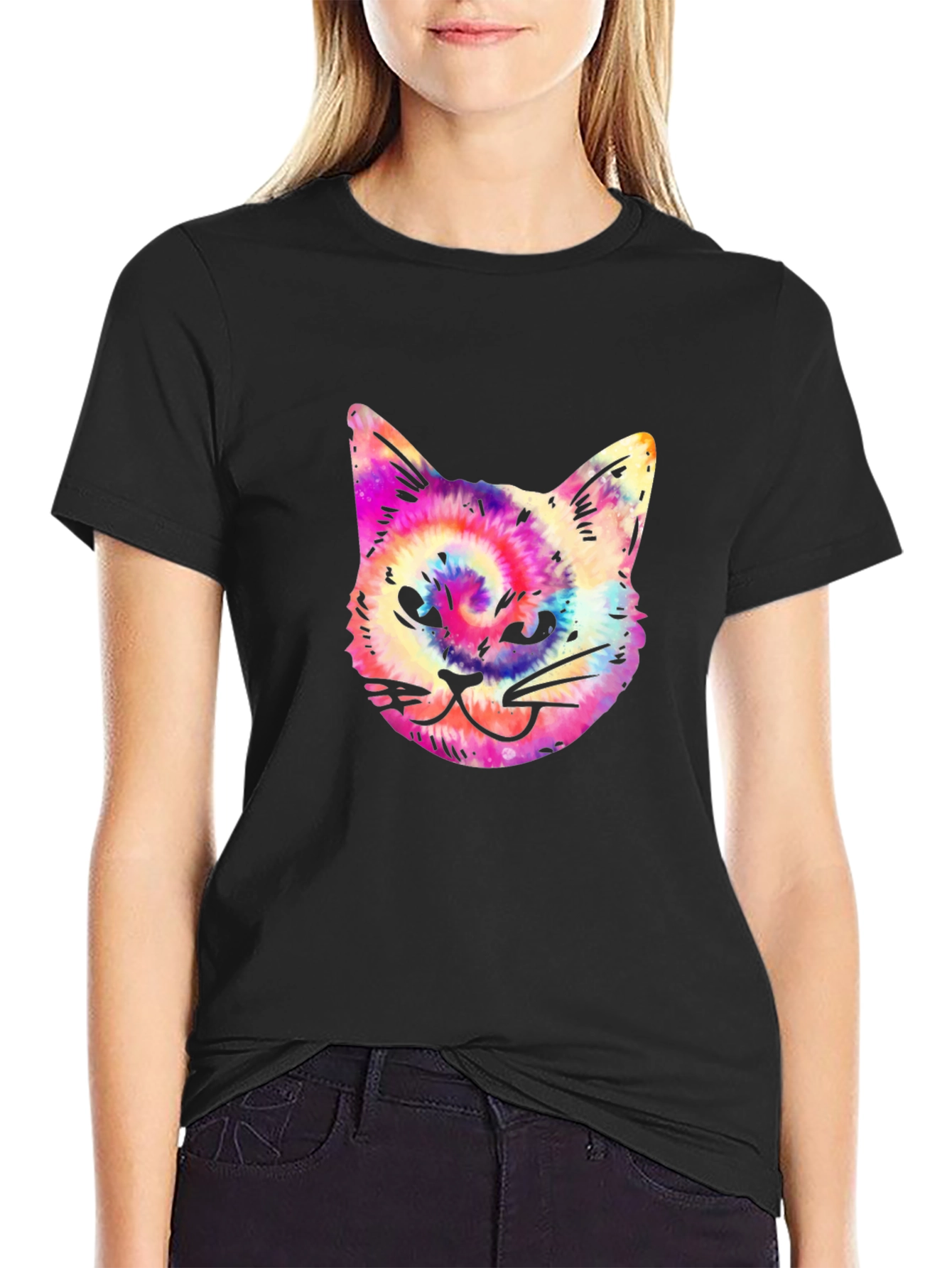 Tie Dye Cat Graphic Print Mens Black T-Shirt