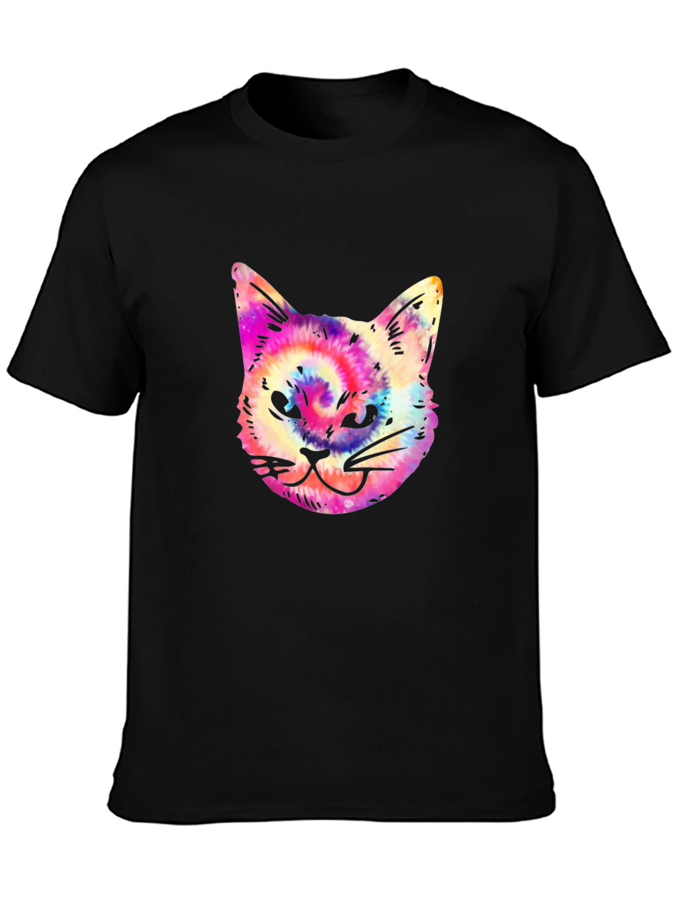 Tie Dye Cat Graphic Print Mens Black T-Shirt