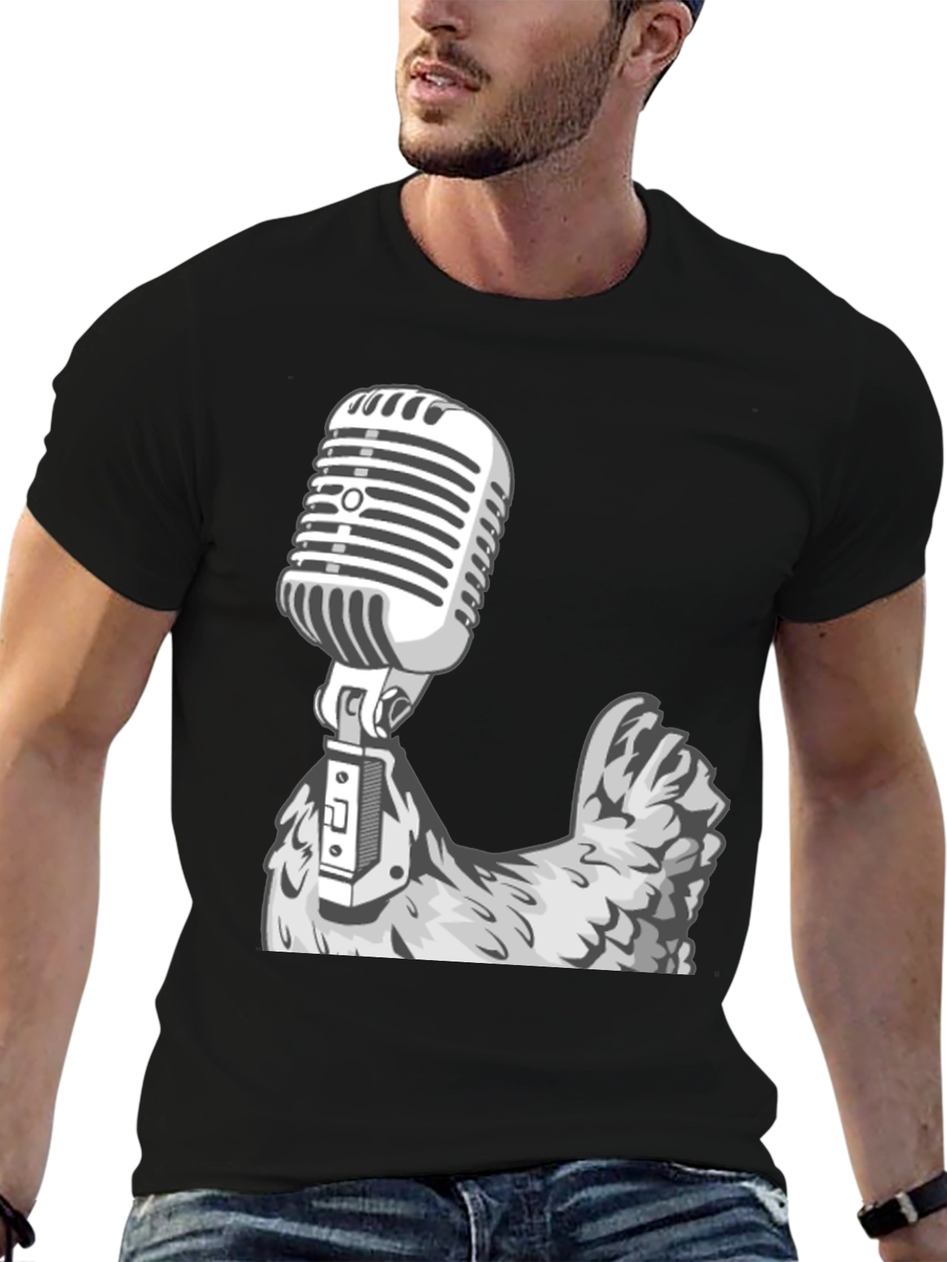 Retro Mic Chicken Graphic Tee - Cool Black T-Shirt