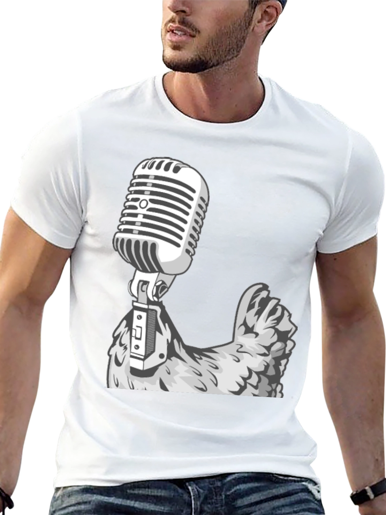 Retro Mic Chicken Graphic Tee - Cool Black T-Shirt