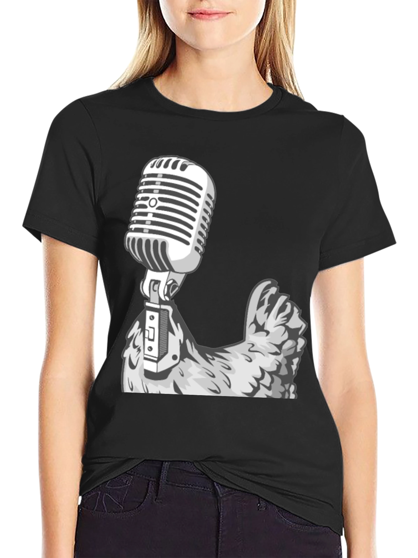 Retro Mic Chicken Graphic Tee - Cool Black T-Shirt