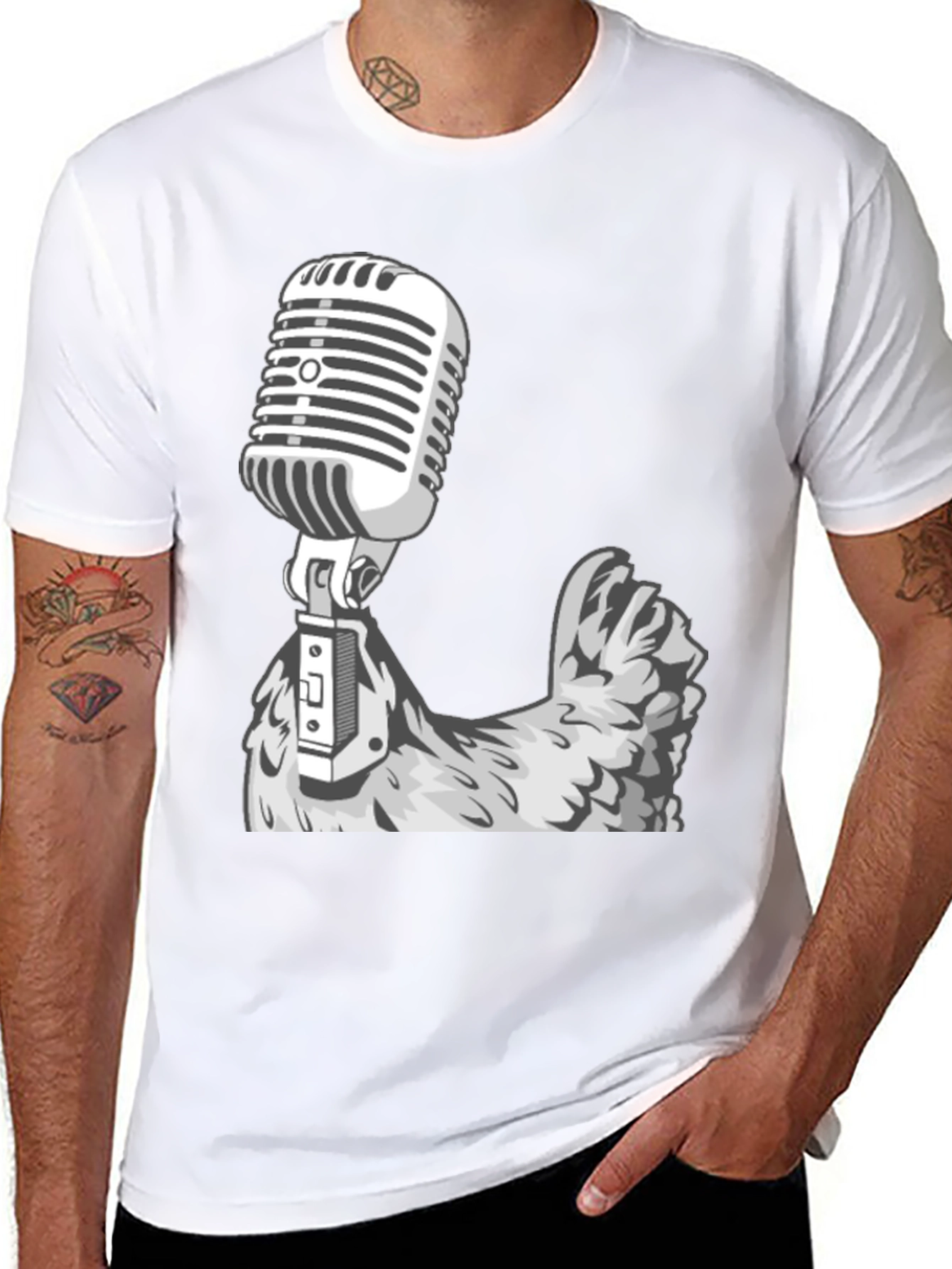 Retro Mic Chicken Graphic Tee - Cool Black T-Shirt