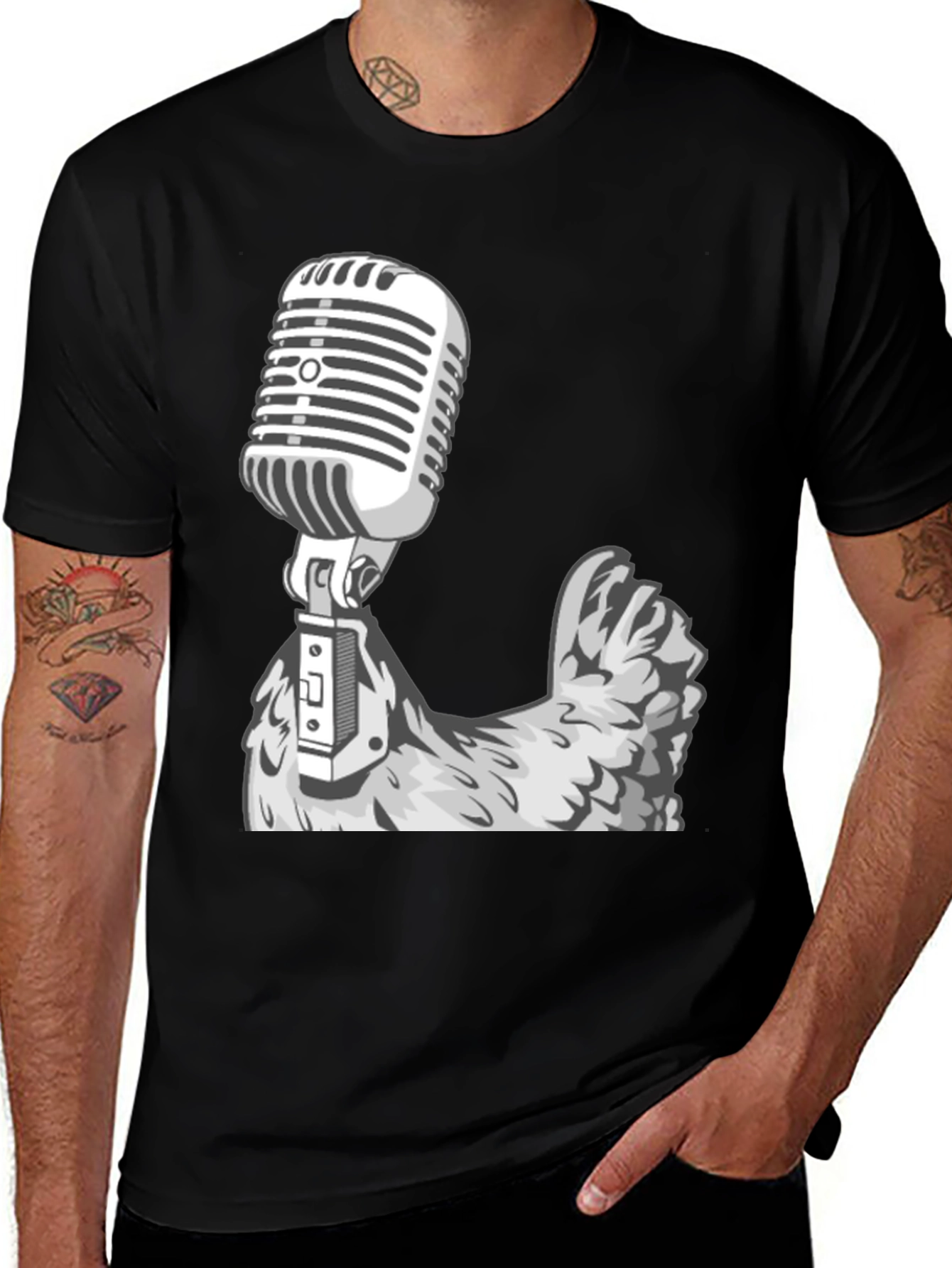 Retro Mic Chicken Graphic Tee - Cool Black T-Shirt