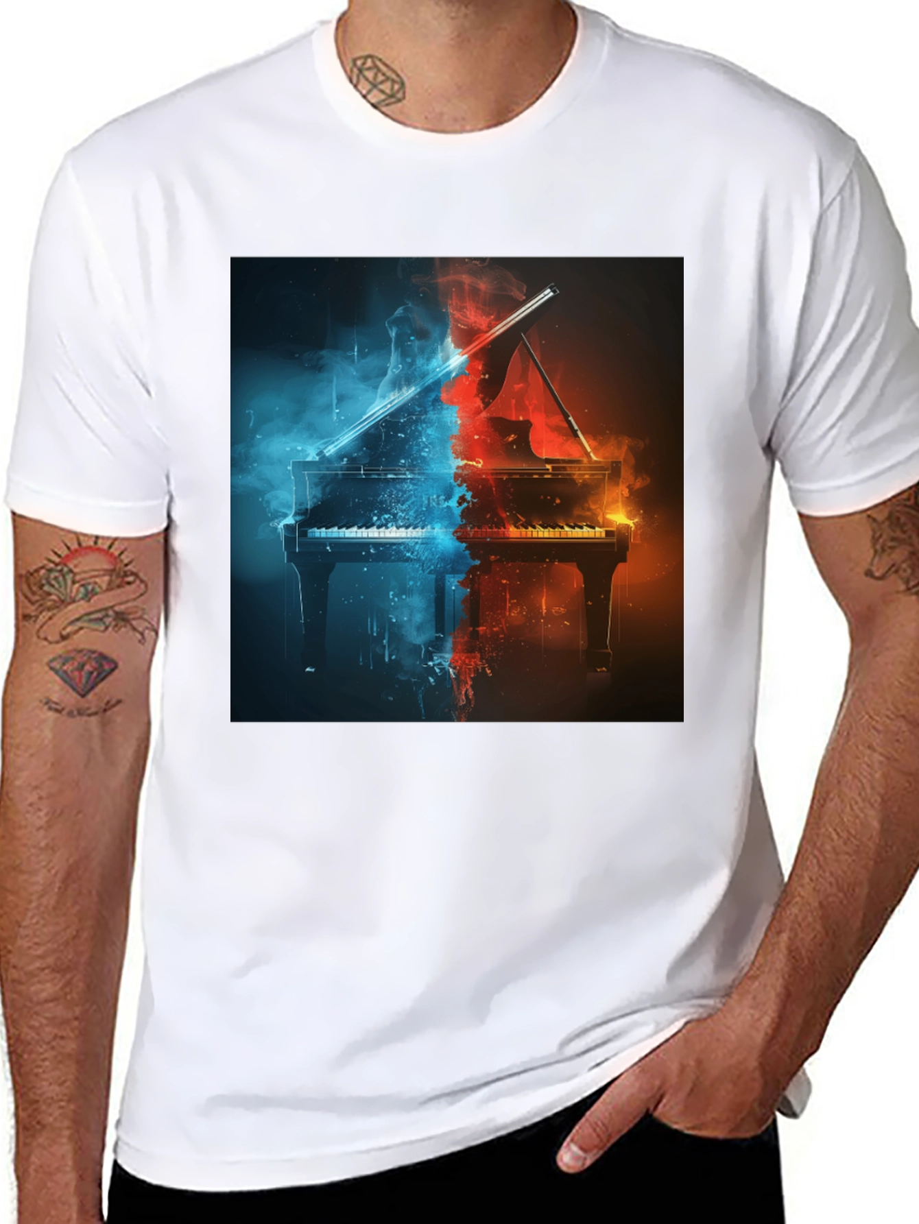 Fiery Piano Graphic Tee - Music Lovers Black T-Shirt