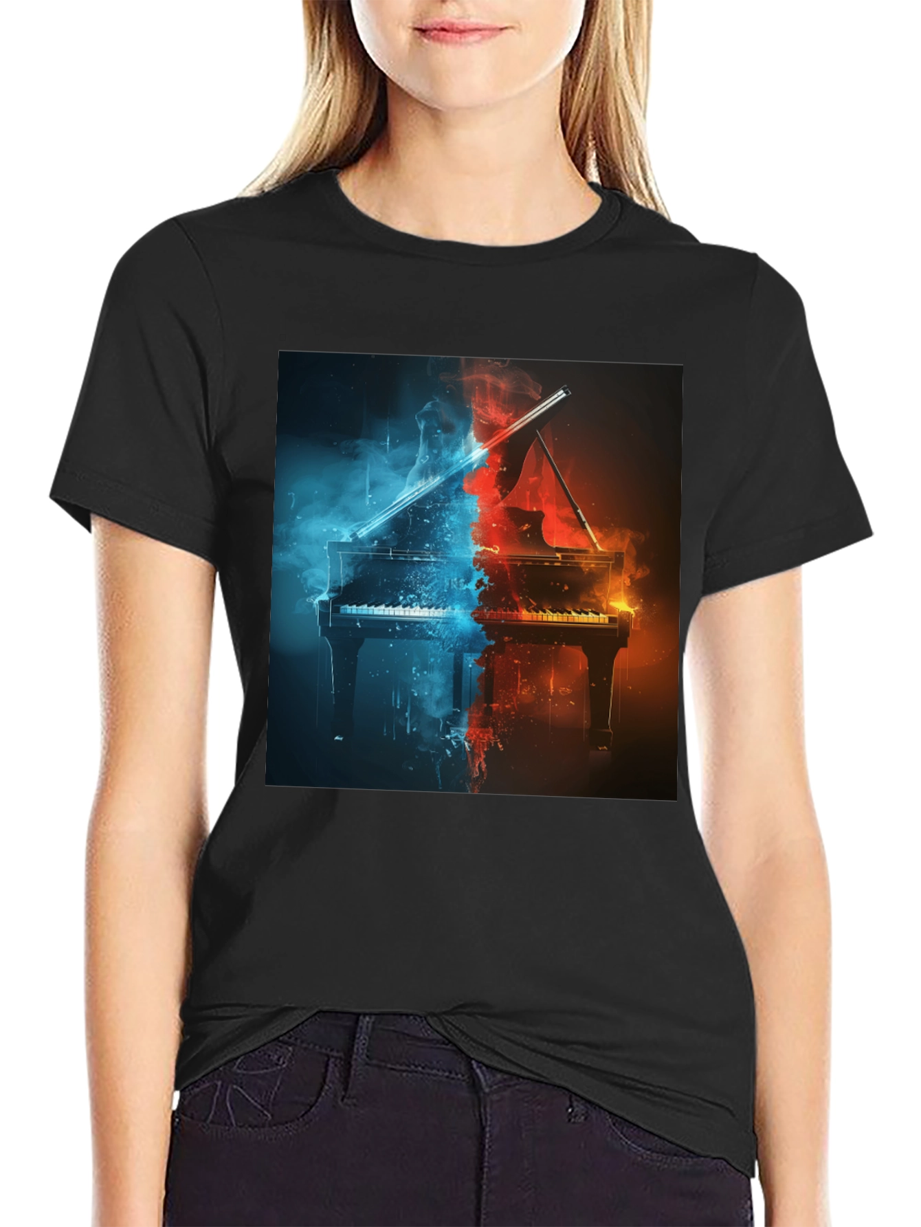 Fiery Piano Graphic Tee - Music Lovers Black T-Shirt