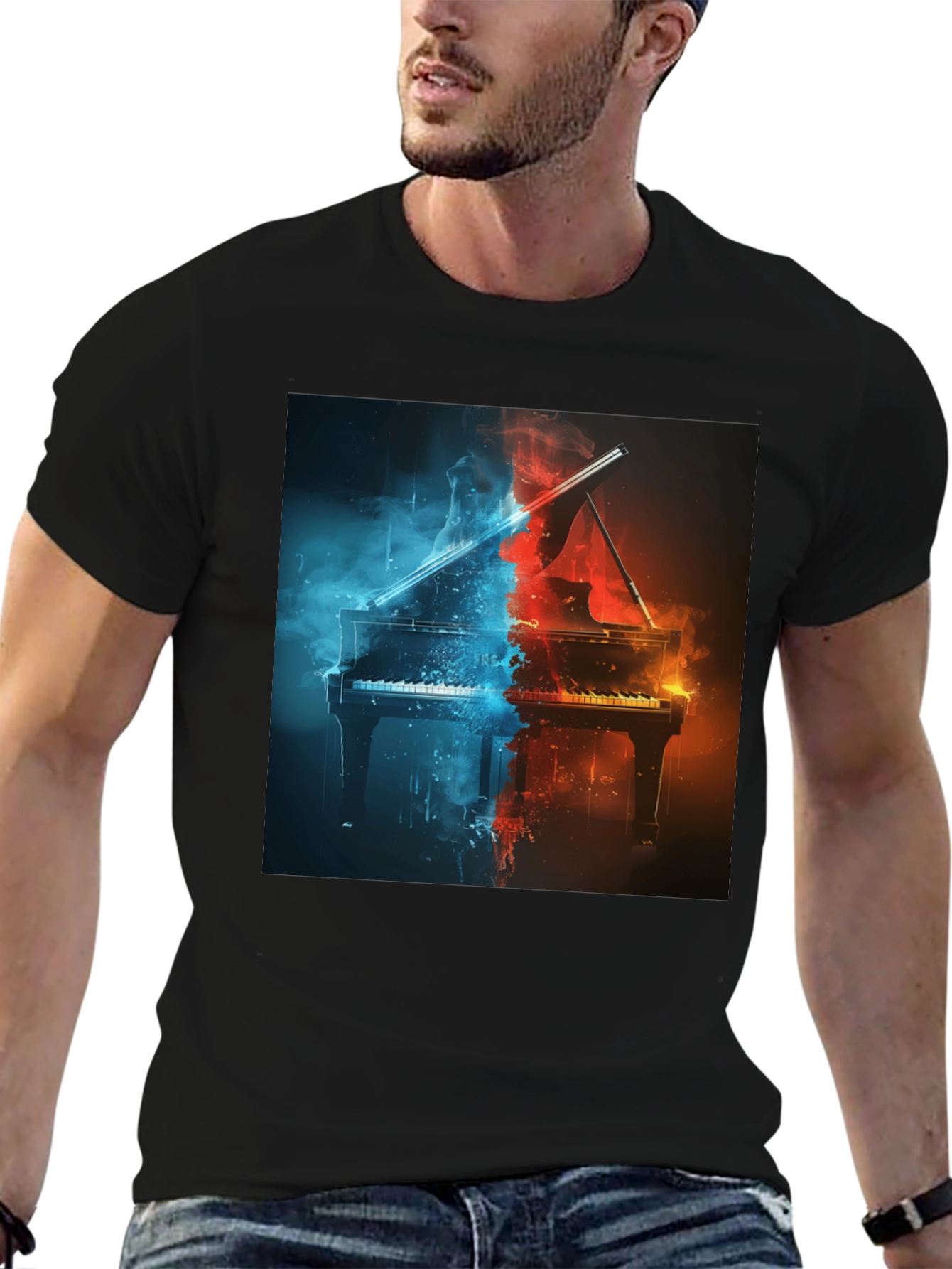 Fiery Piano Graphic Tee - Music Lovers Black T-Shirt