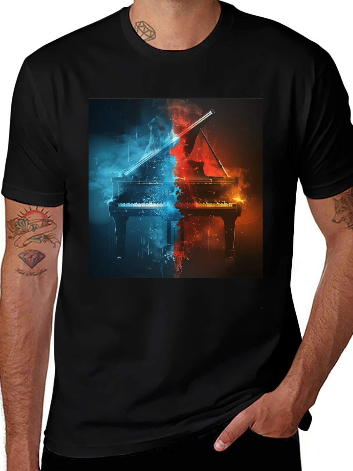 Fiery Piano Graphic Tee - Music Lovers Black T-Shirt