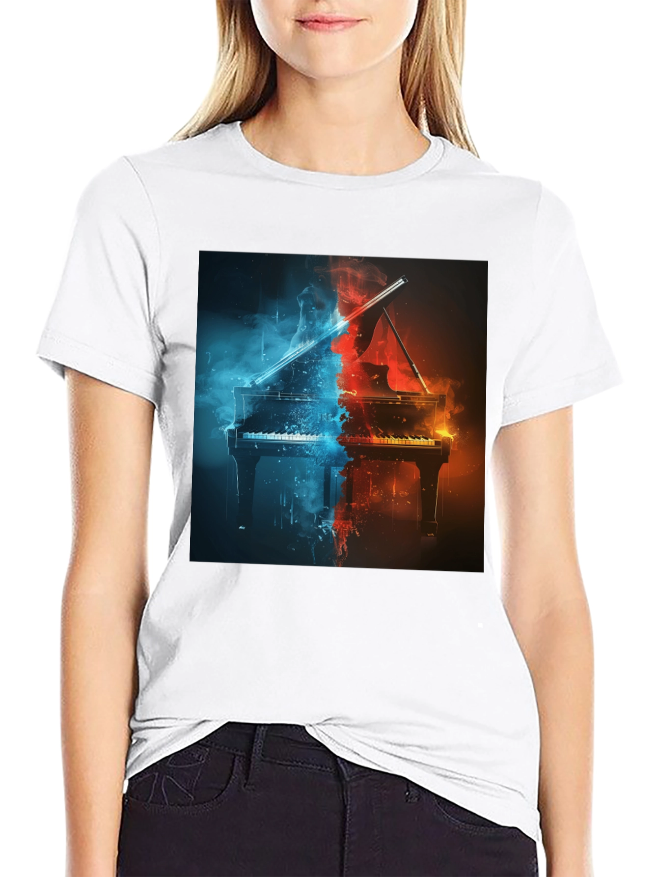 Fiery Piano Graphic Tee - Music Lovers Black T-Shirt