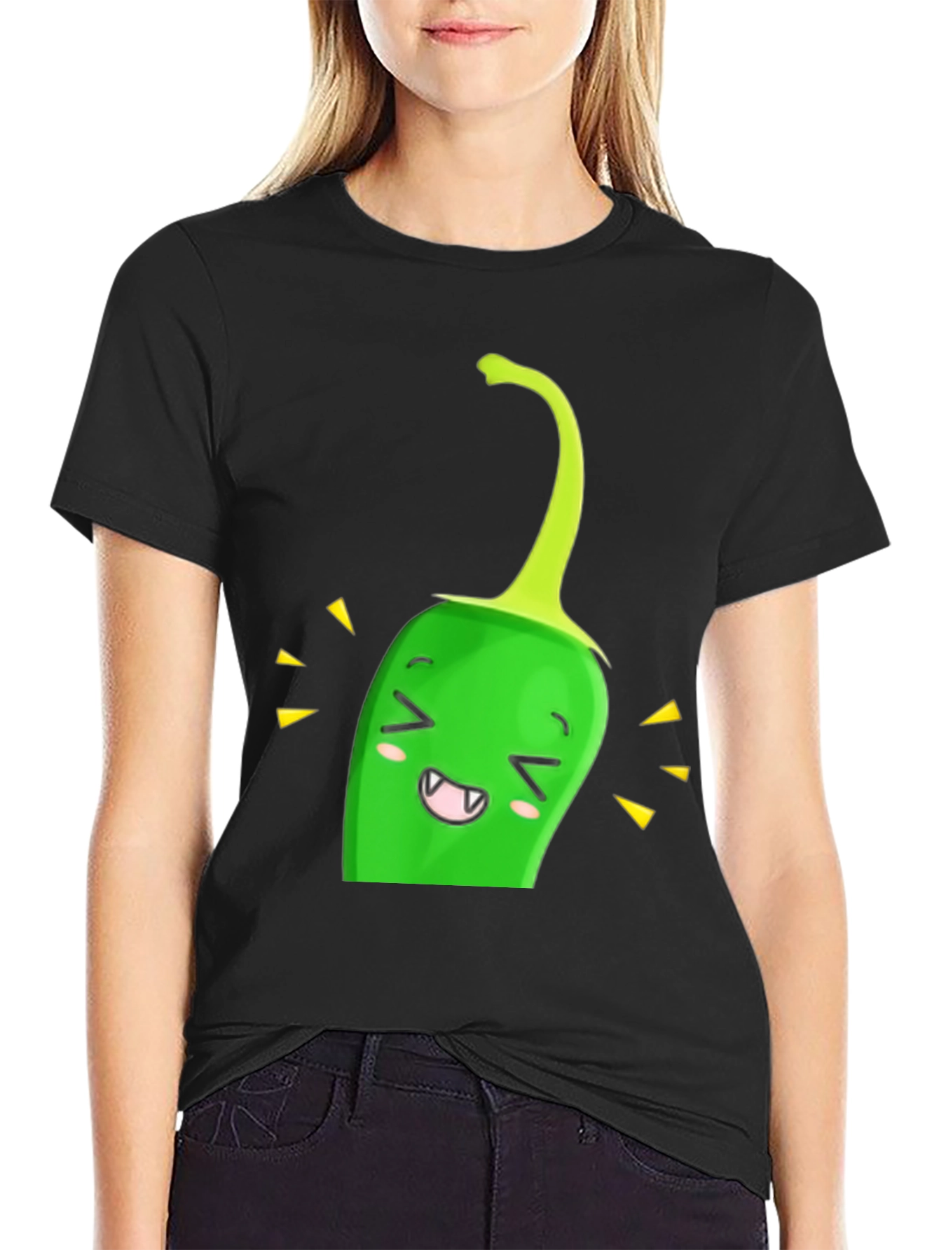 Kawaii Green Pepper Black T-Shirt
